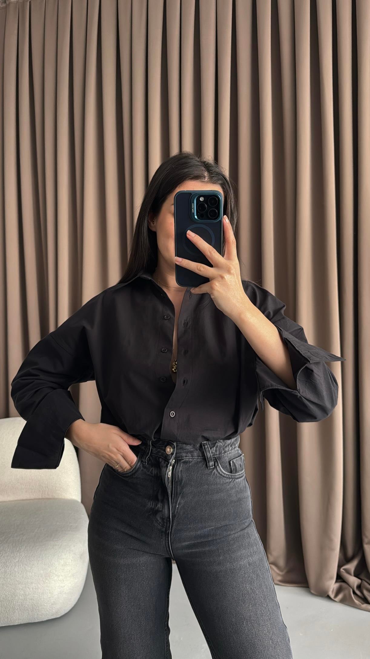 Siyah Oversize Poplin Gömlek 