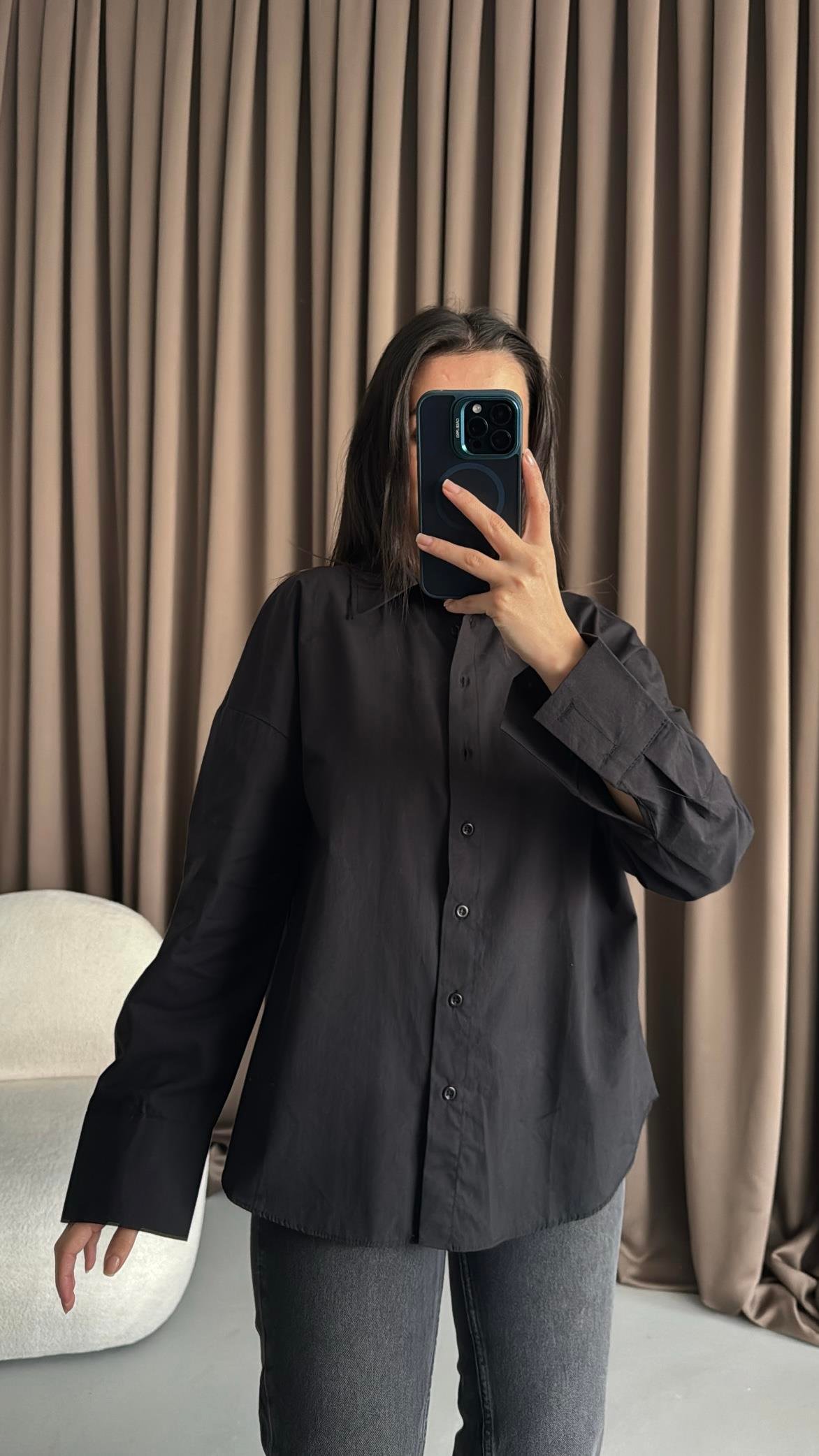 Siyah Oversize Poplin Gömlek 