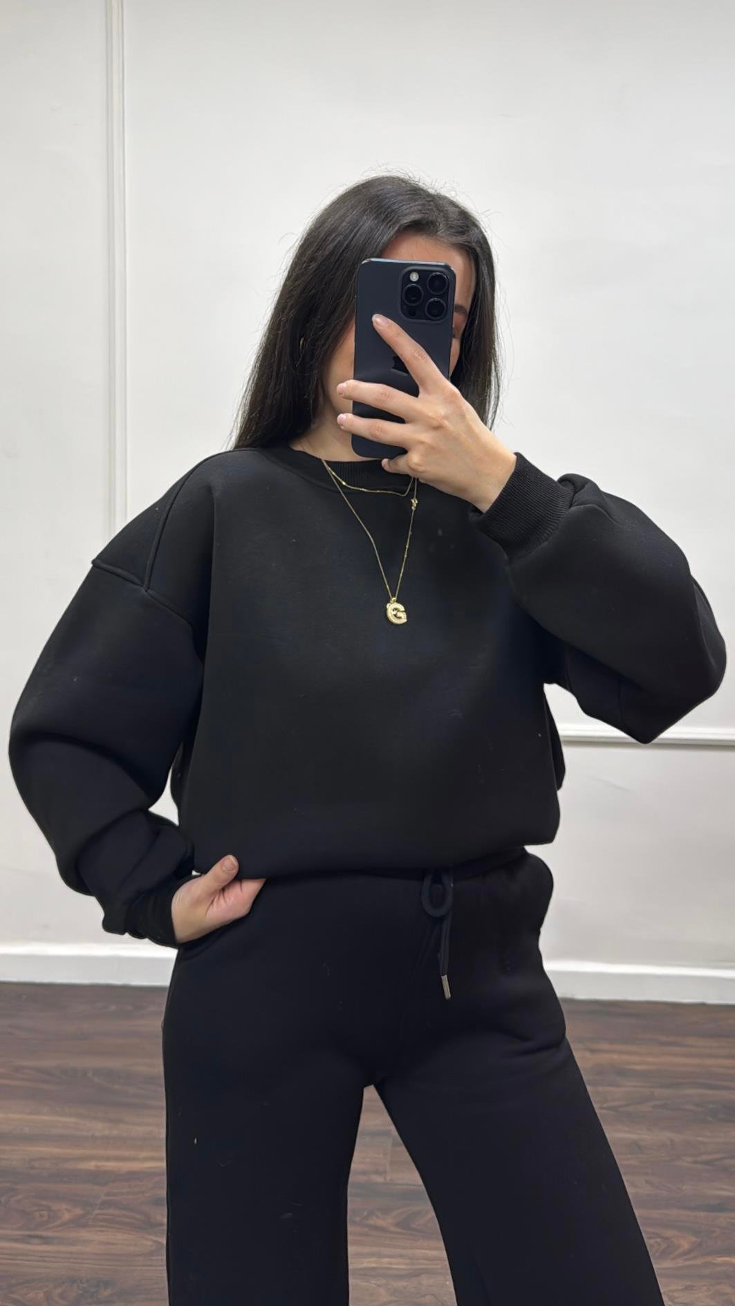 Siyah Pamuklu Sweatshirt ve Pantolon Takım