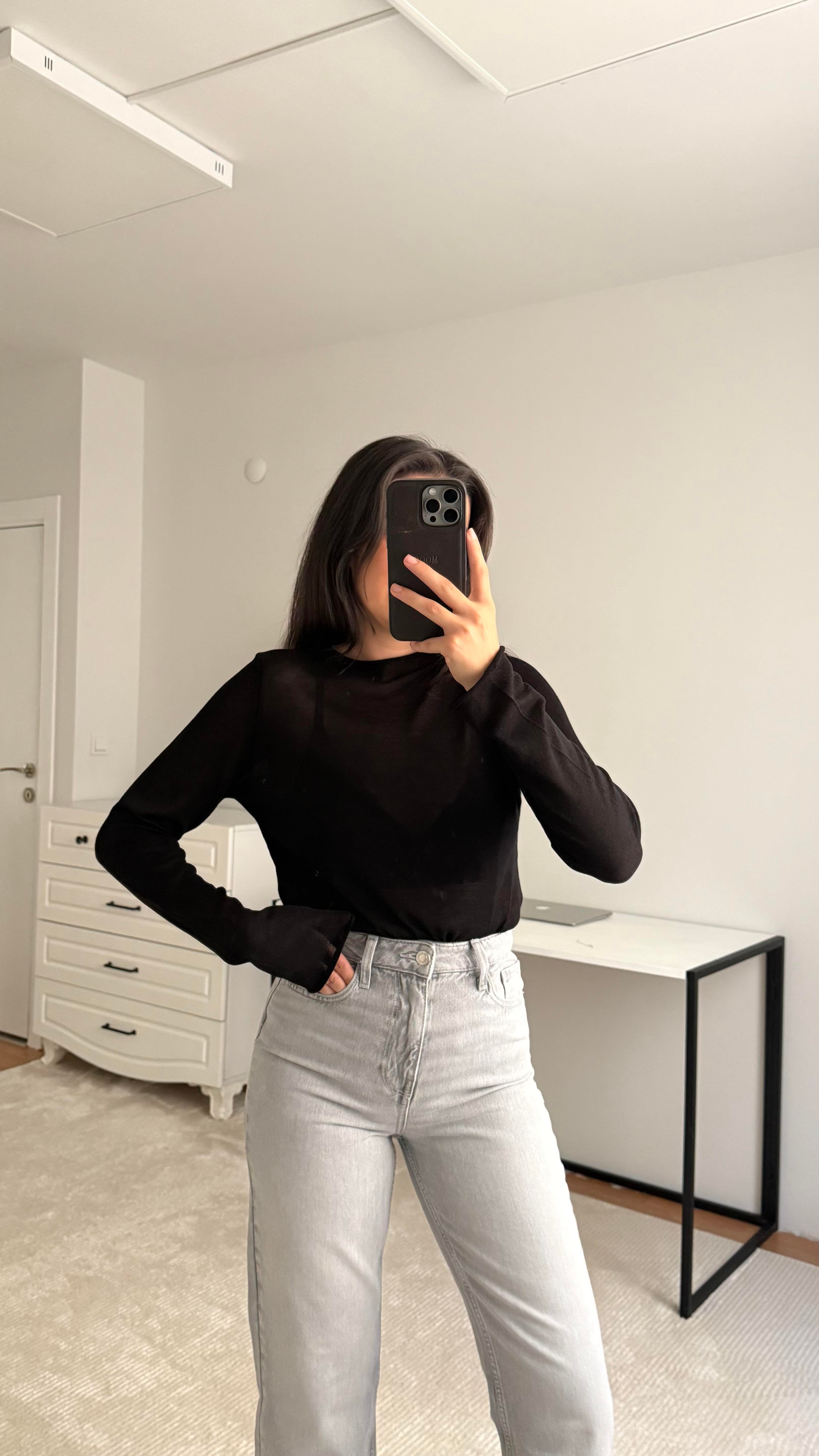 Siyah Transpatan Triko Örme Bluz