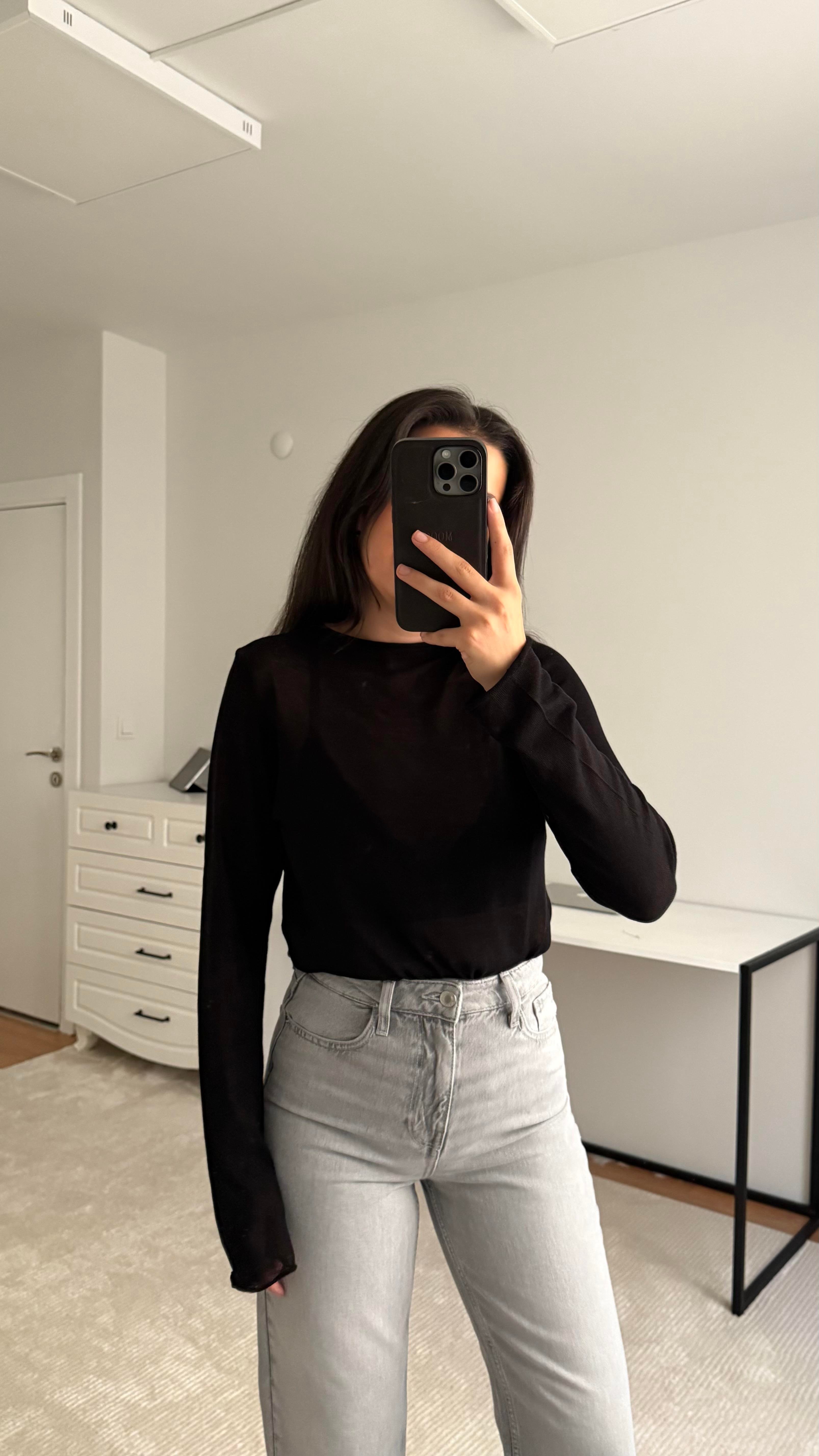 Siyah Transpatan Triko Örme Bluz