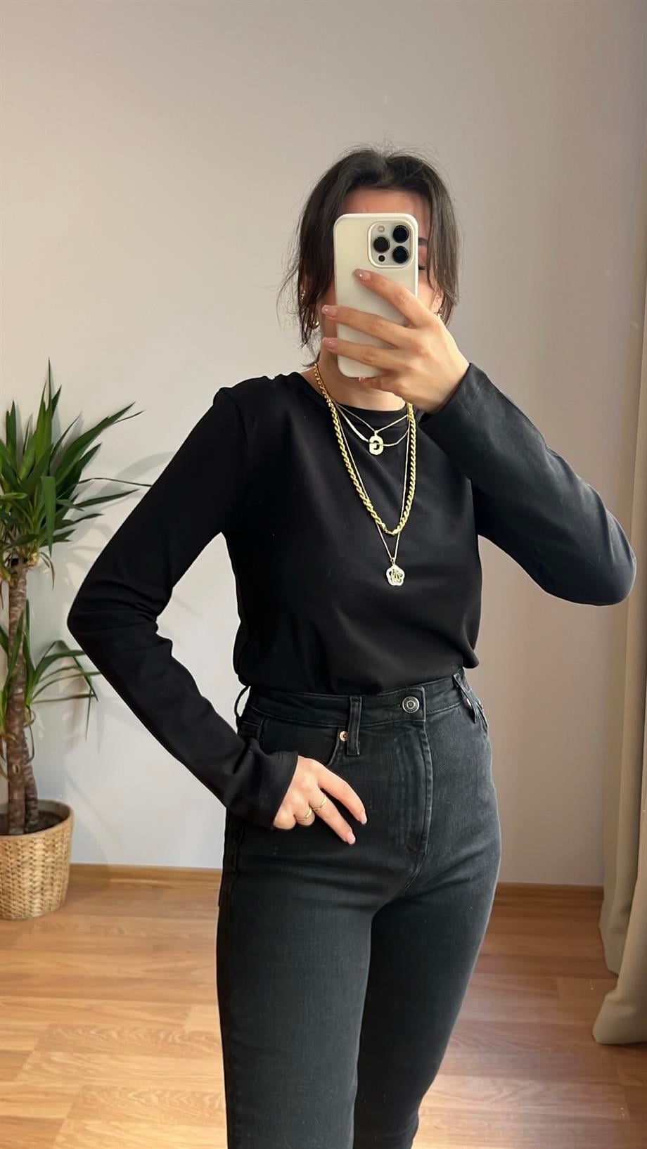 Siyah Uzun Kollu Kışlık Basıc Tişört