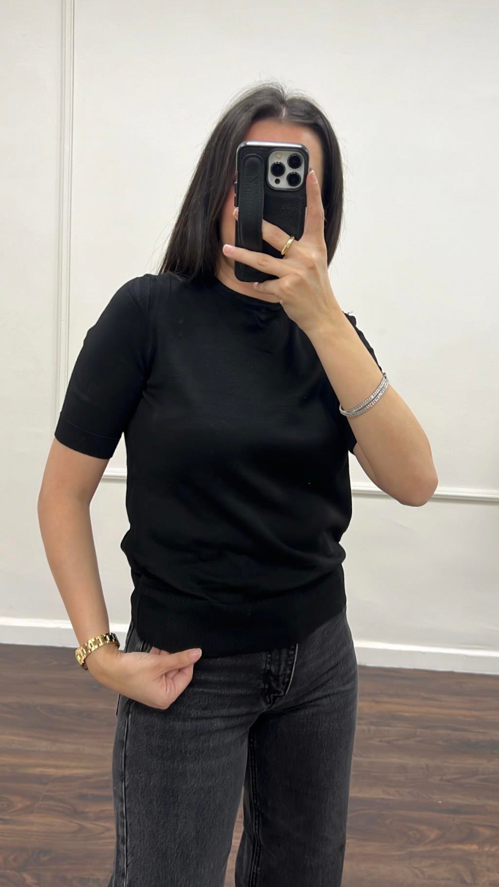 Siyah Viskon Örme Triko Bluz