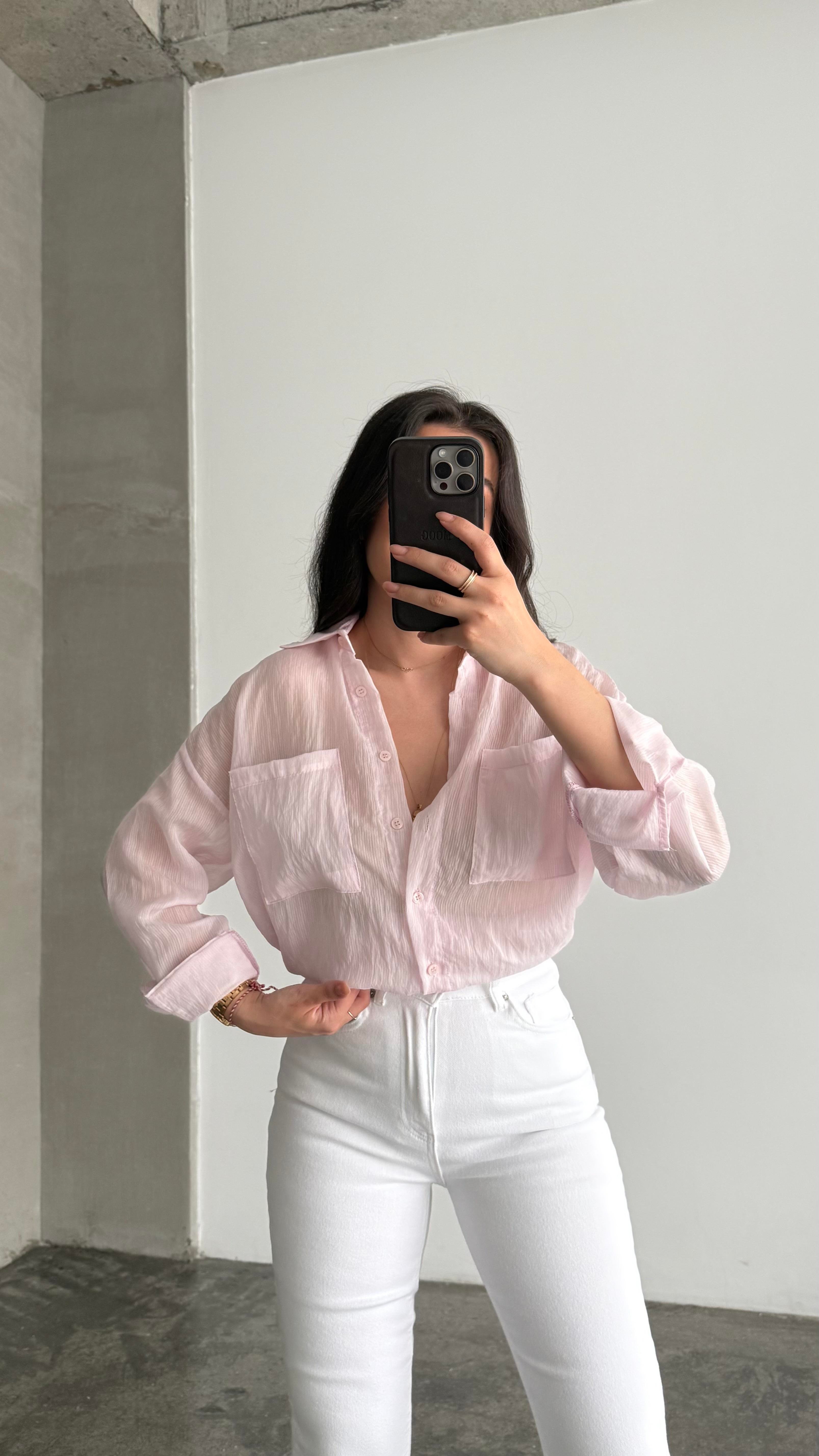 Soft Pembe Transparan Oversize Gömlek