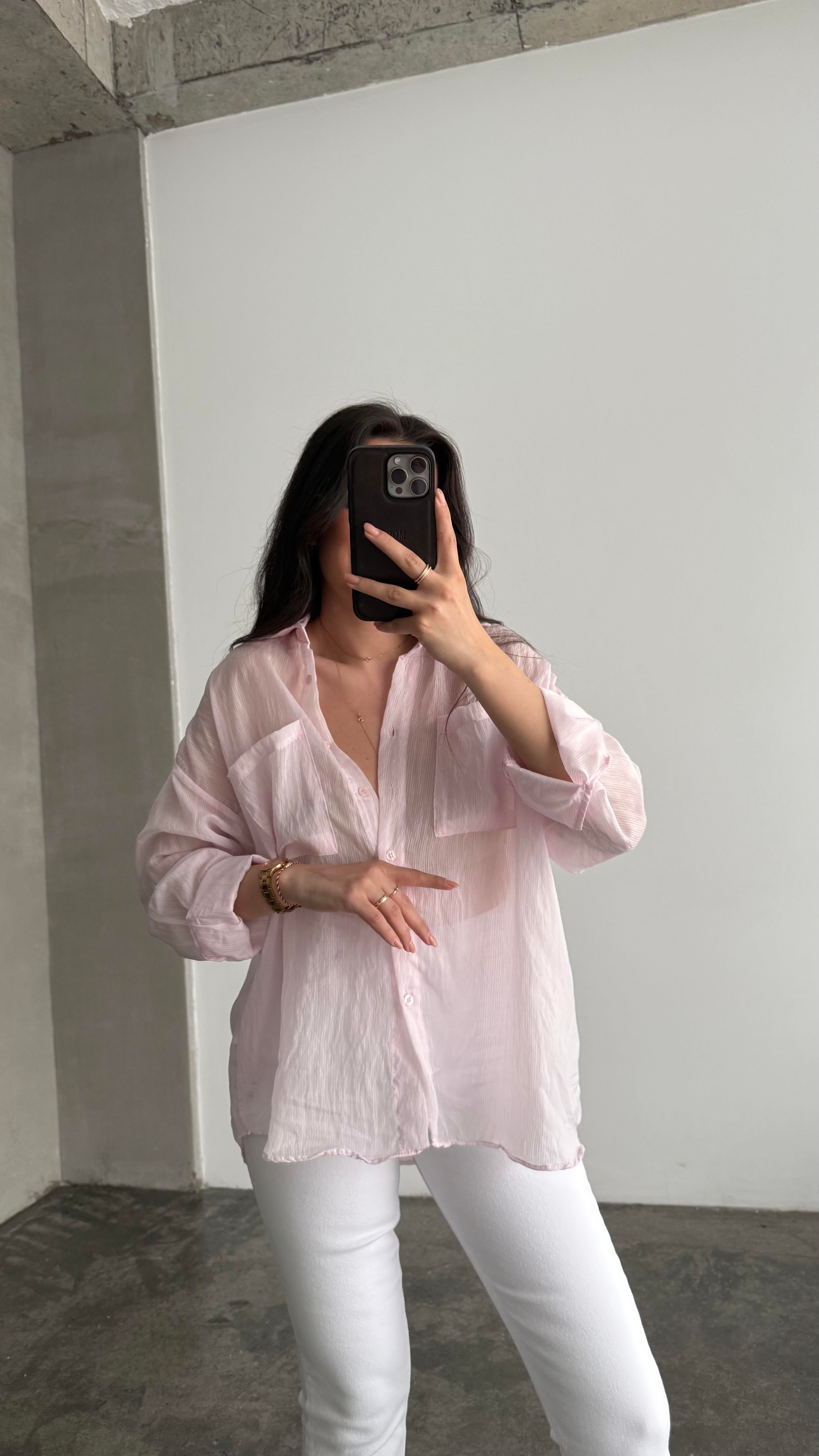 Soft Pembe Transparan Oversize Gömlek