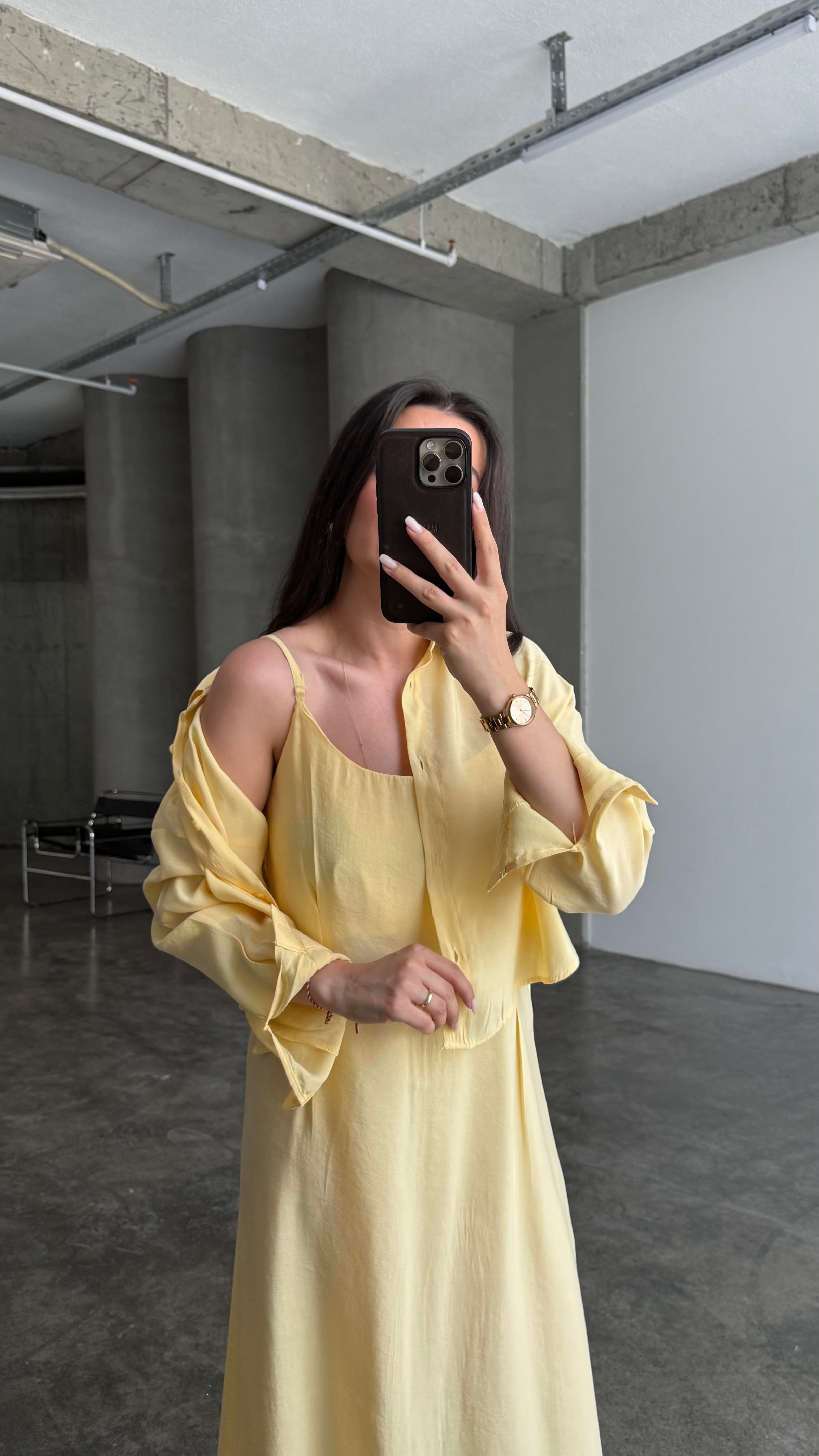 Soft Sarı Gömlekli İp Askılı Elbise Tensel Takım