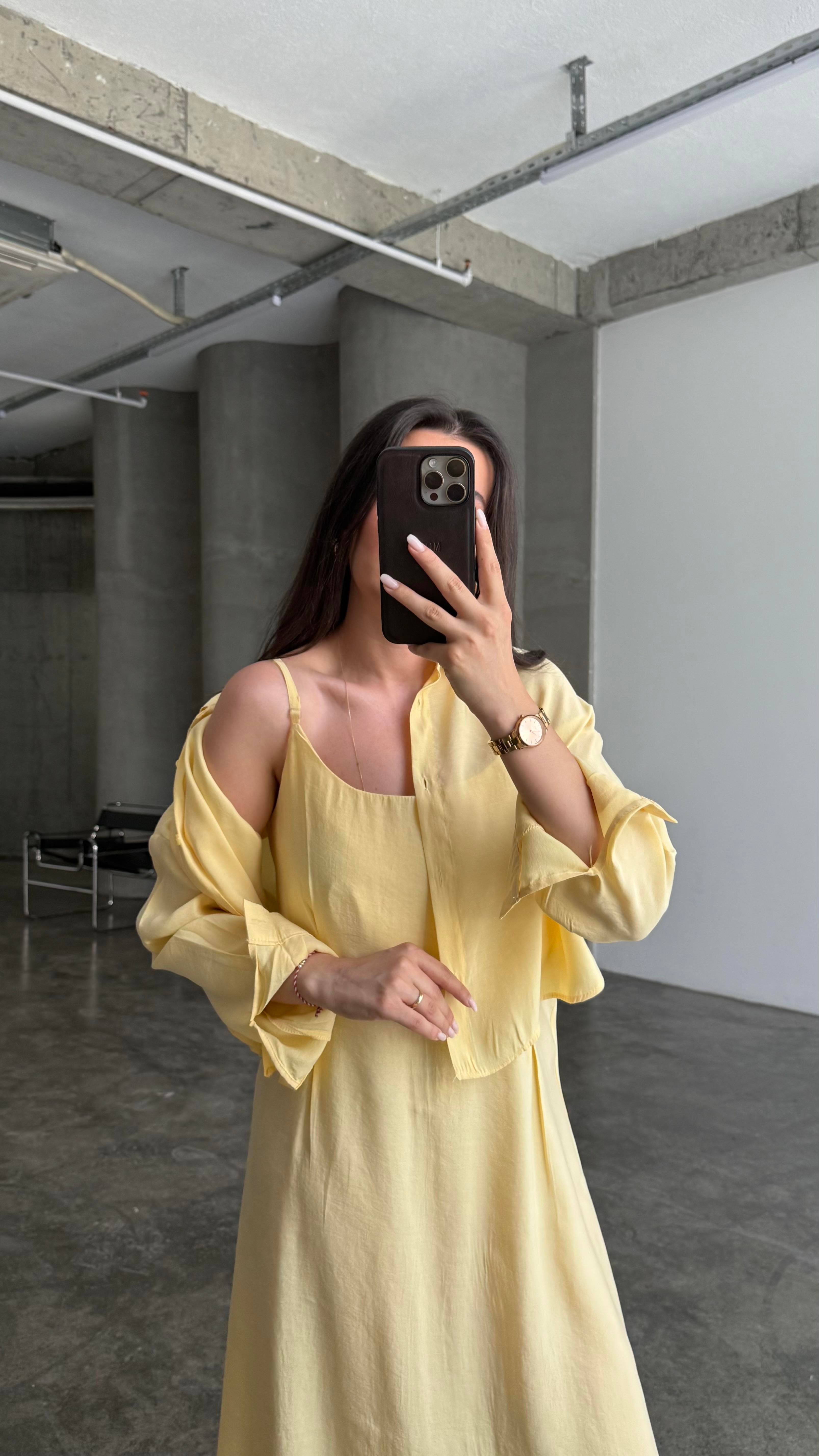 Soft Sarı Gömlekli İp Askılı Elbise Tensel Takım