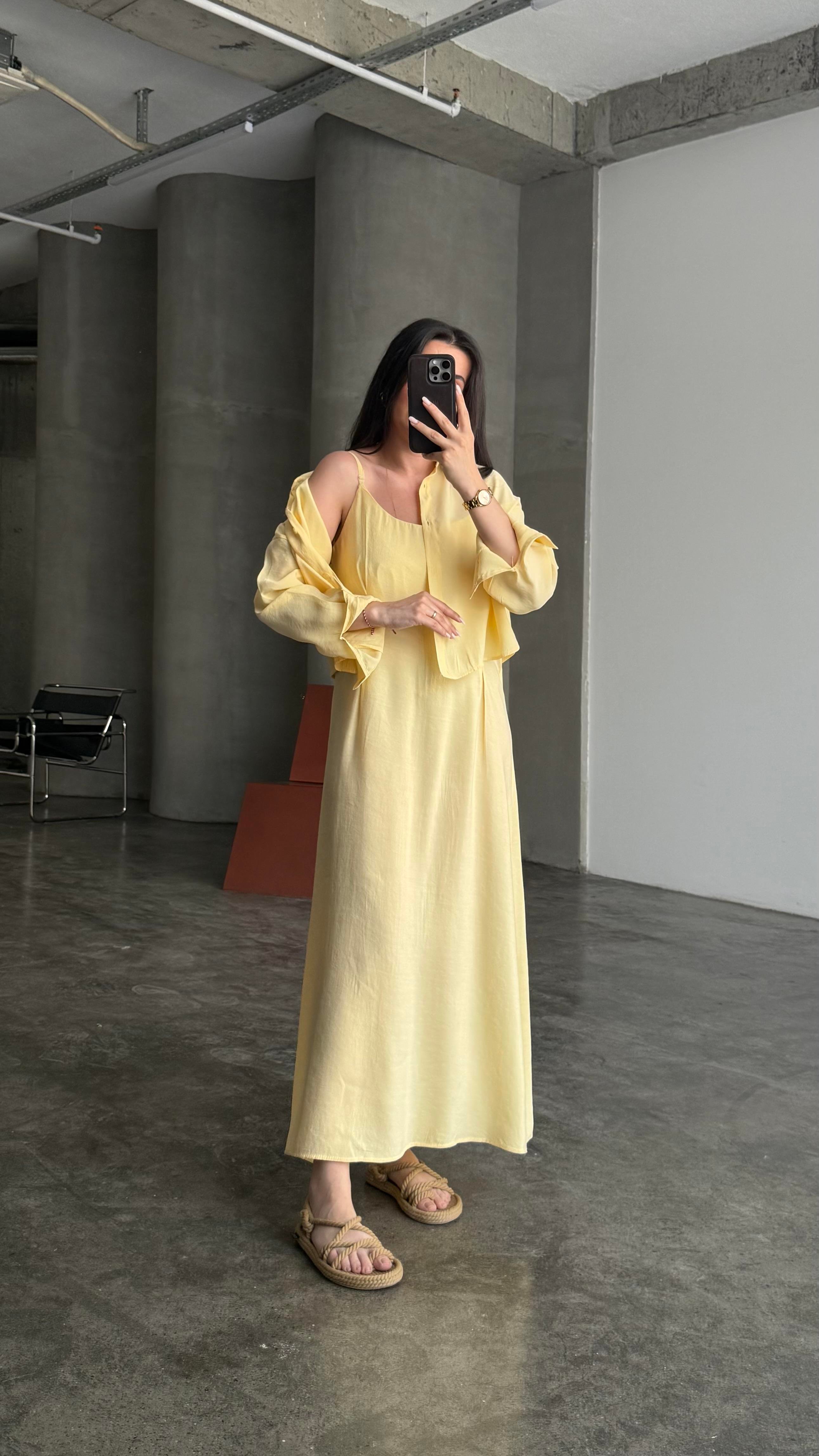 Soft Sarı Gömlekli İp Askılı Elbise Tensel Takım