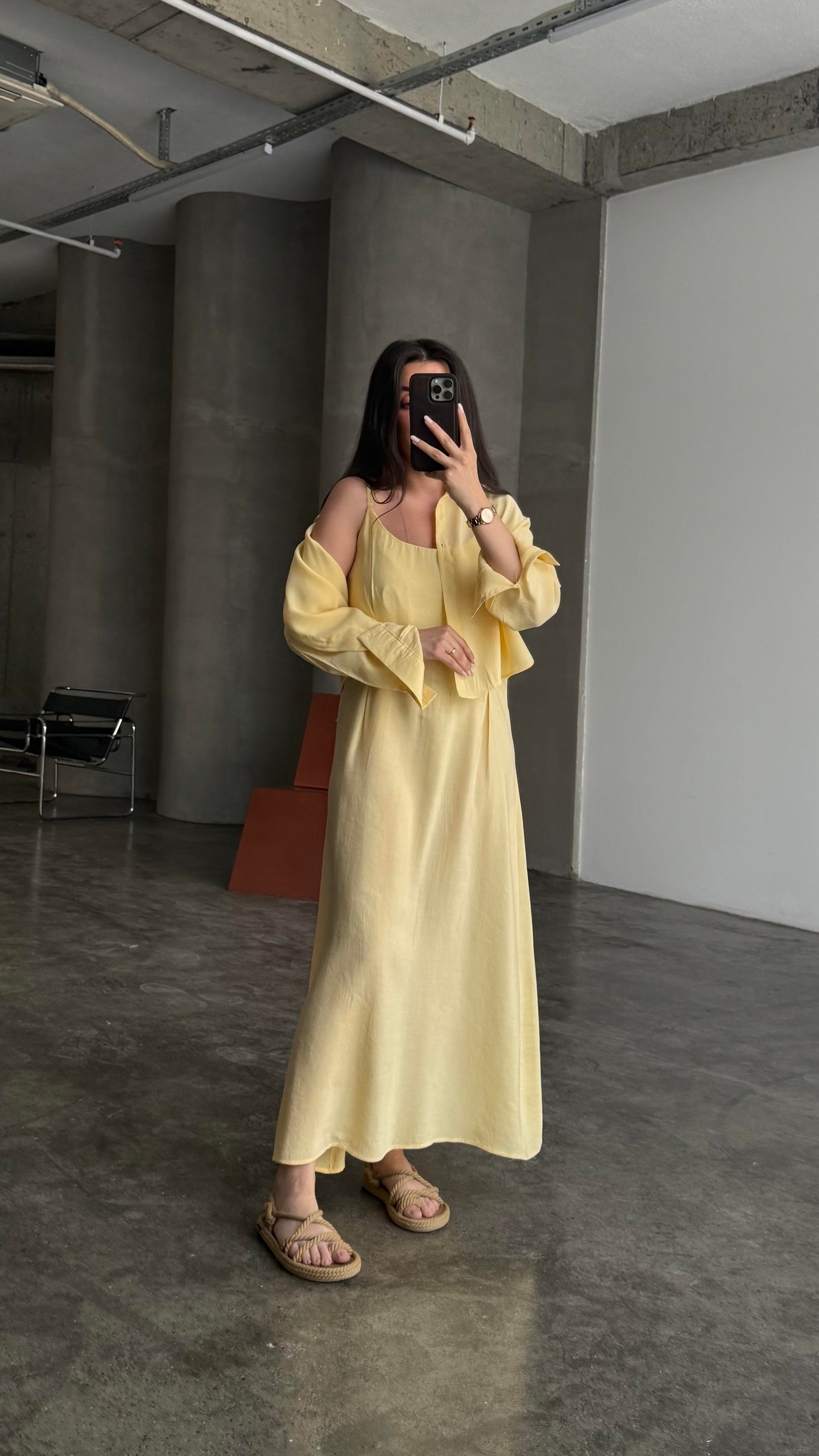 Soft Sarı Gömlekli İp Askılı Elbise Tensel Takım
