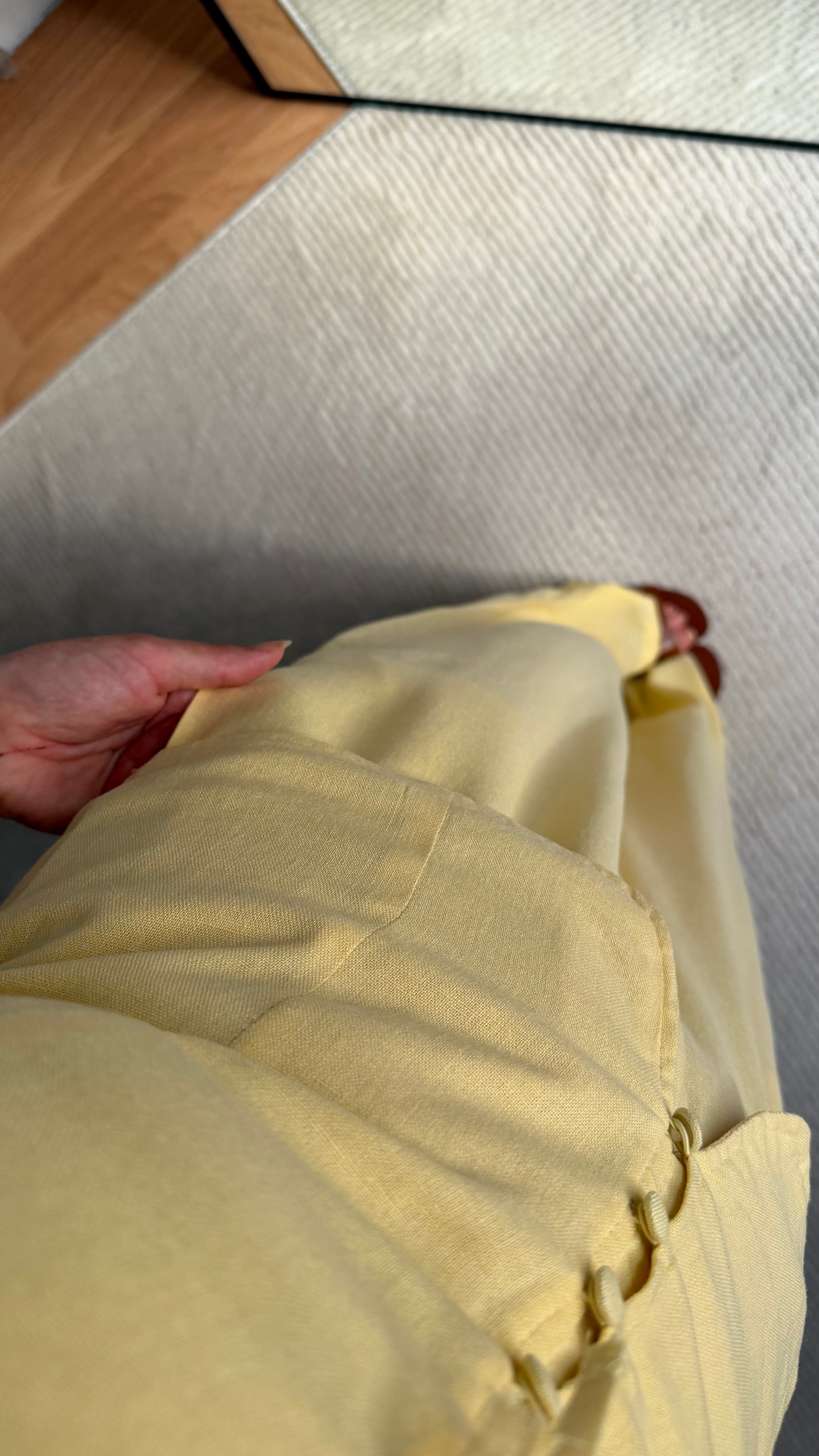 Soft Sarı Halter Yaka Düğmeli Keten Bluz Takım
