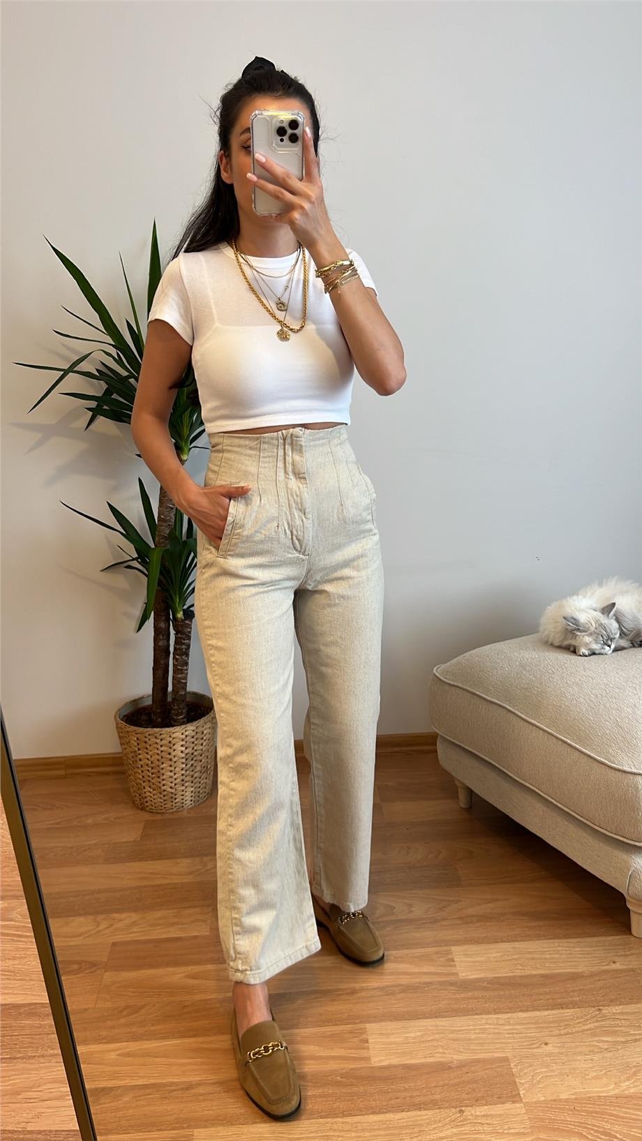 Strd Bej Ham Keten Pantolon