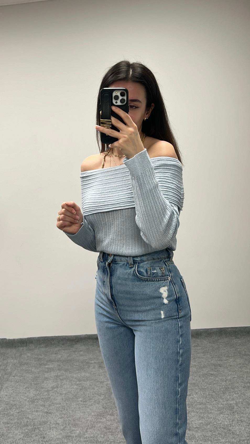 TALA MAVİ MADONNA YAKA İNCE ÖRME TRİKO