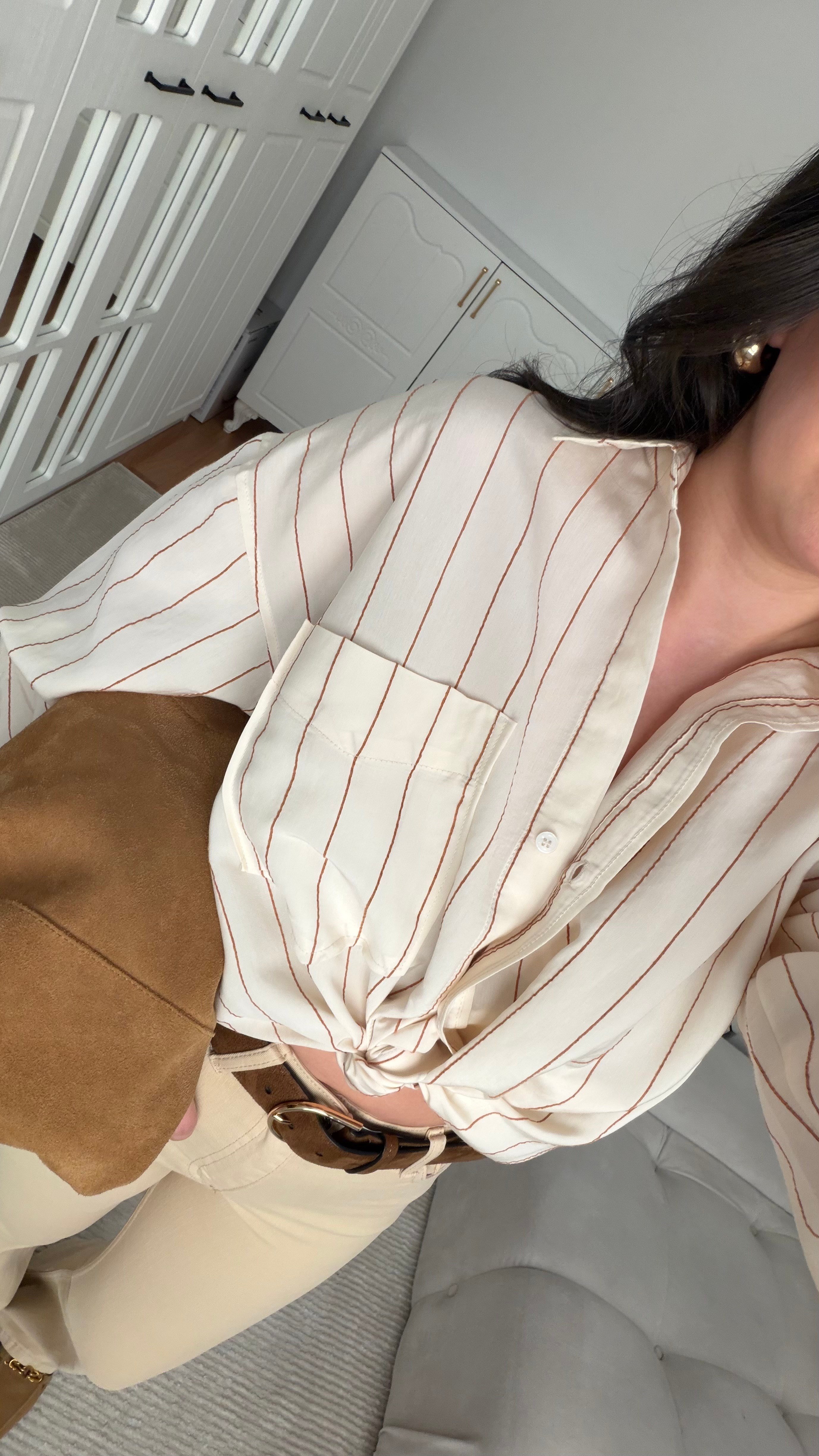Taş Kahve Çizgili Oversize Poplin Gömlek