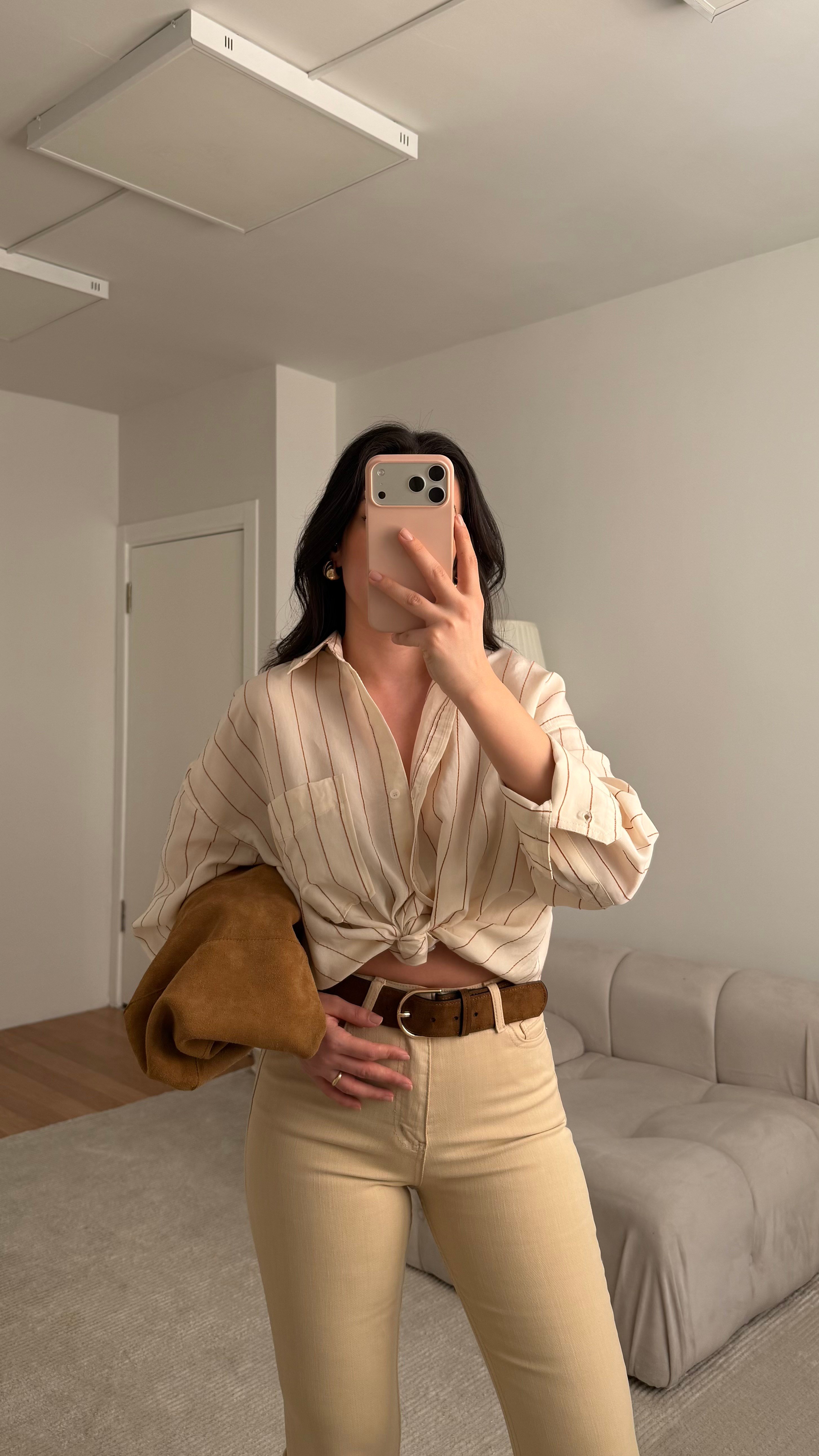 Taş Kahve Çizgili Oversize Poplin Gömlek