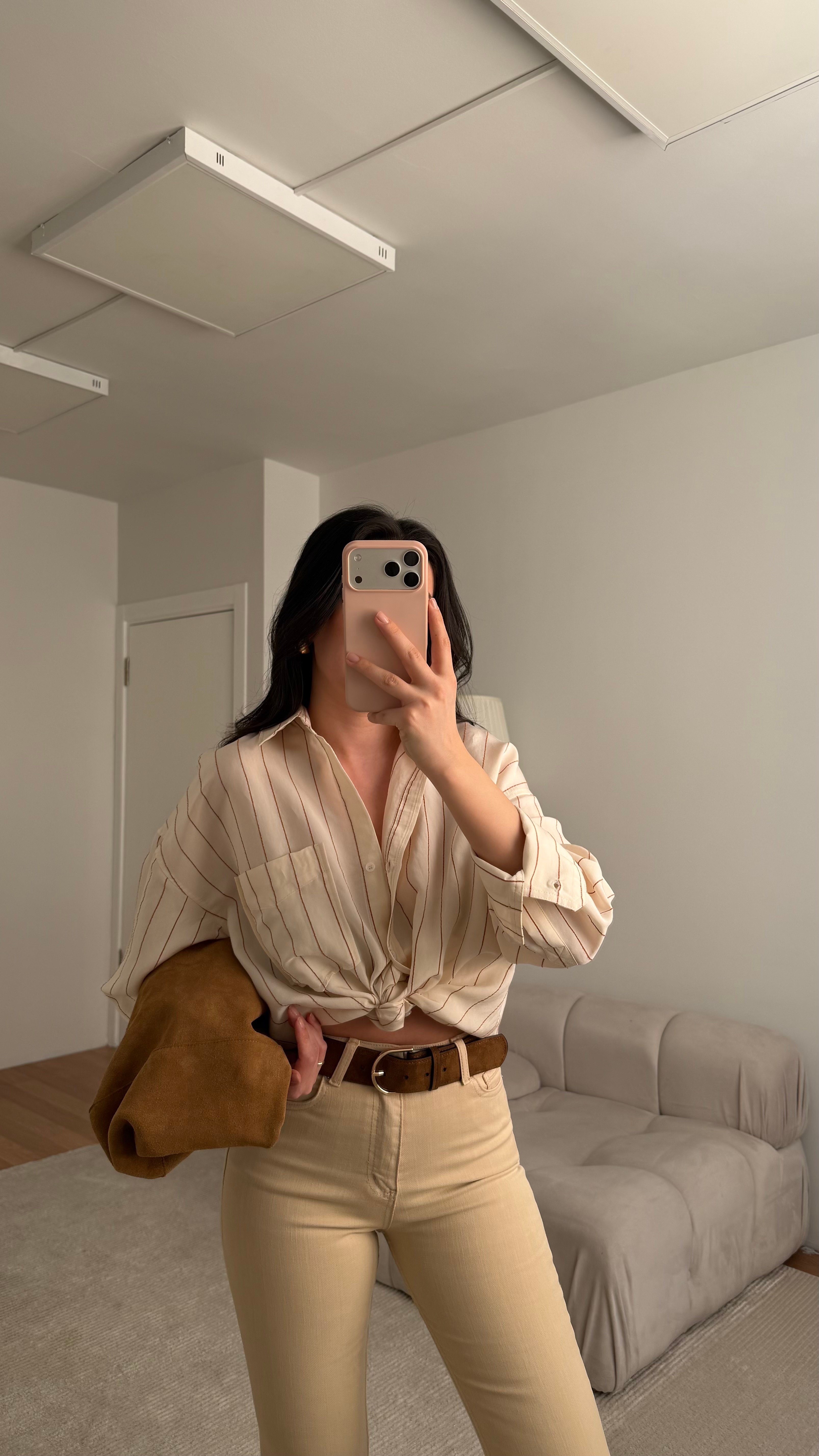 Taş Kahve Çizgili Oversize Poplin Gömlek