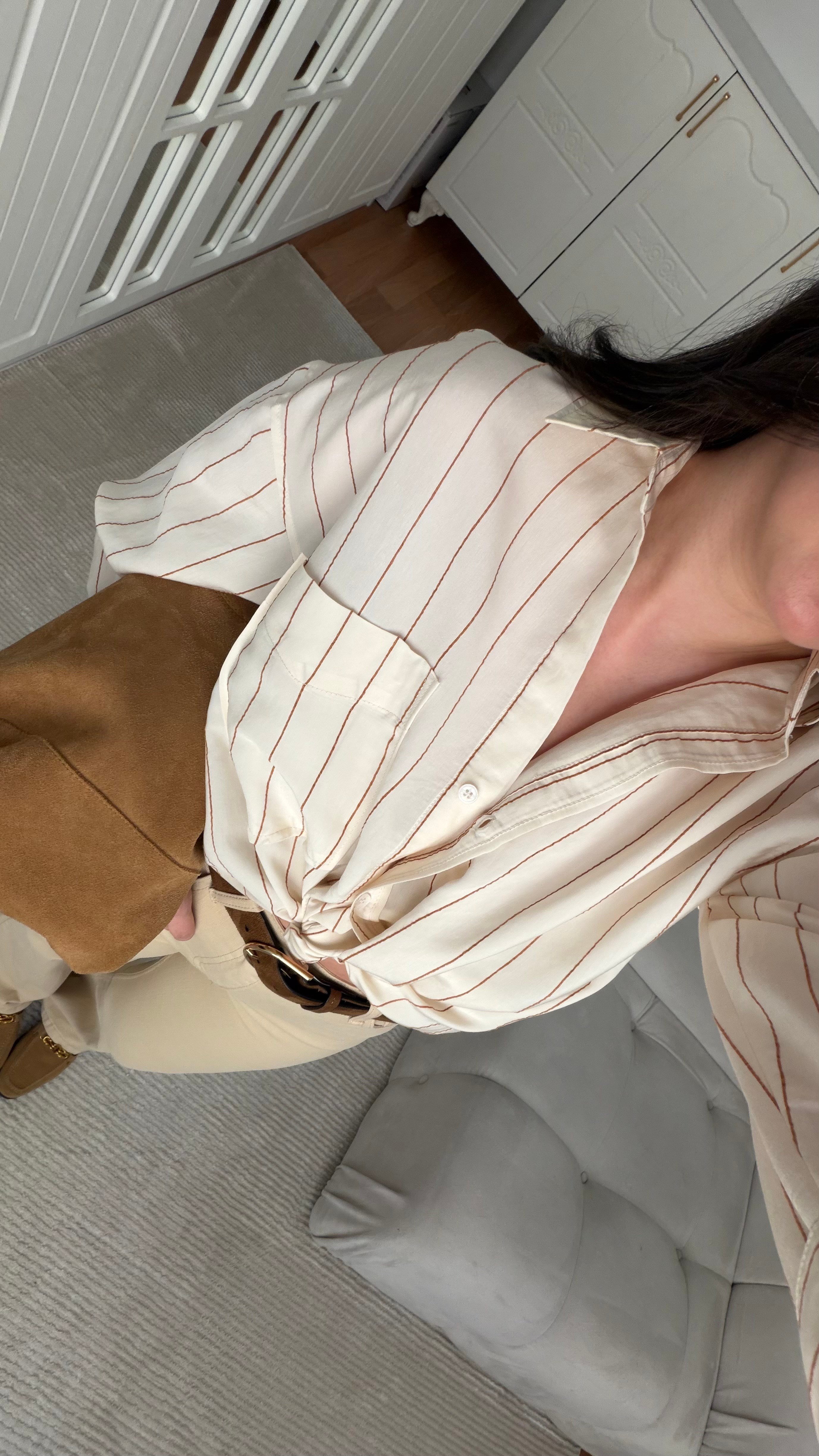 Taş Kahve Çizgili Oversize Poplin Gömlek