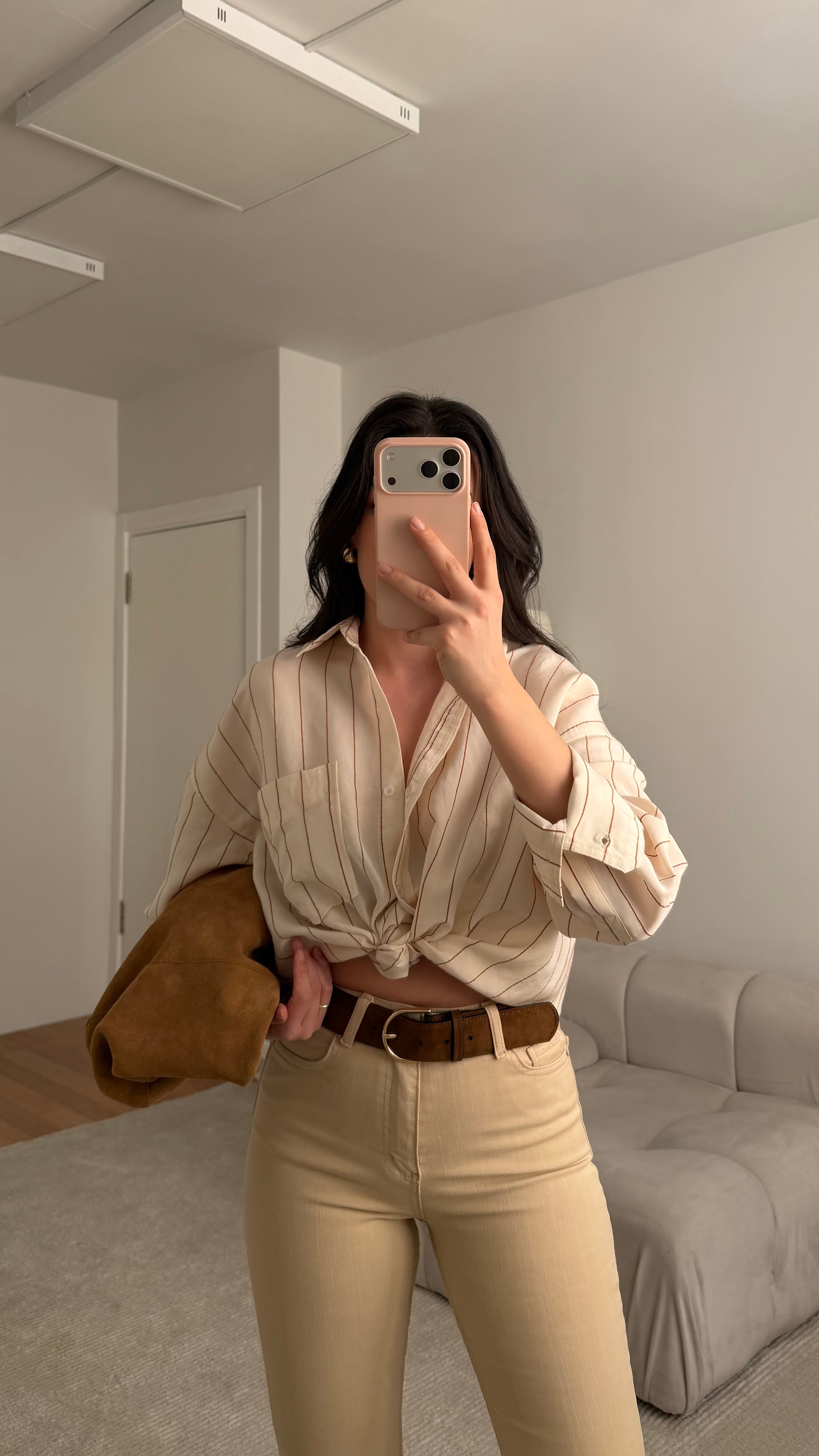 Taş Kahve Çizgili Oversize Poplin Gömlek