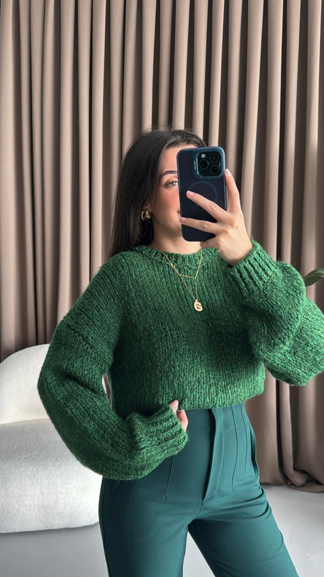 Yeşil Triko Örme Kazak