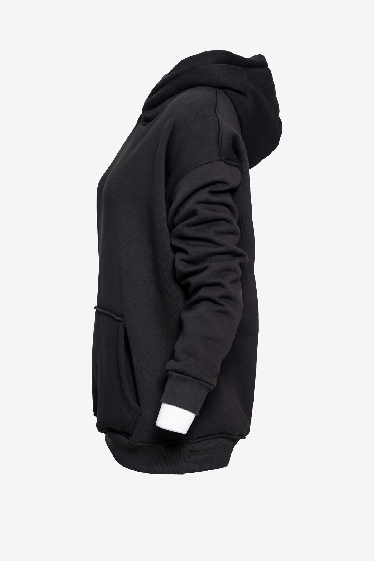  Unisex Kapüşonlu Cep Detaylı Üç İplik Sweatshirt - Siyah