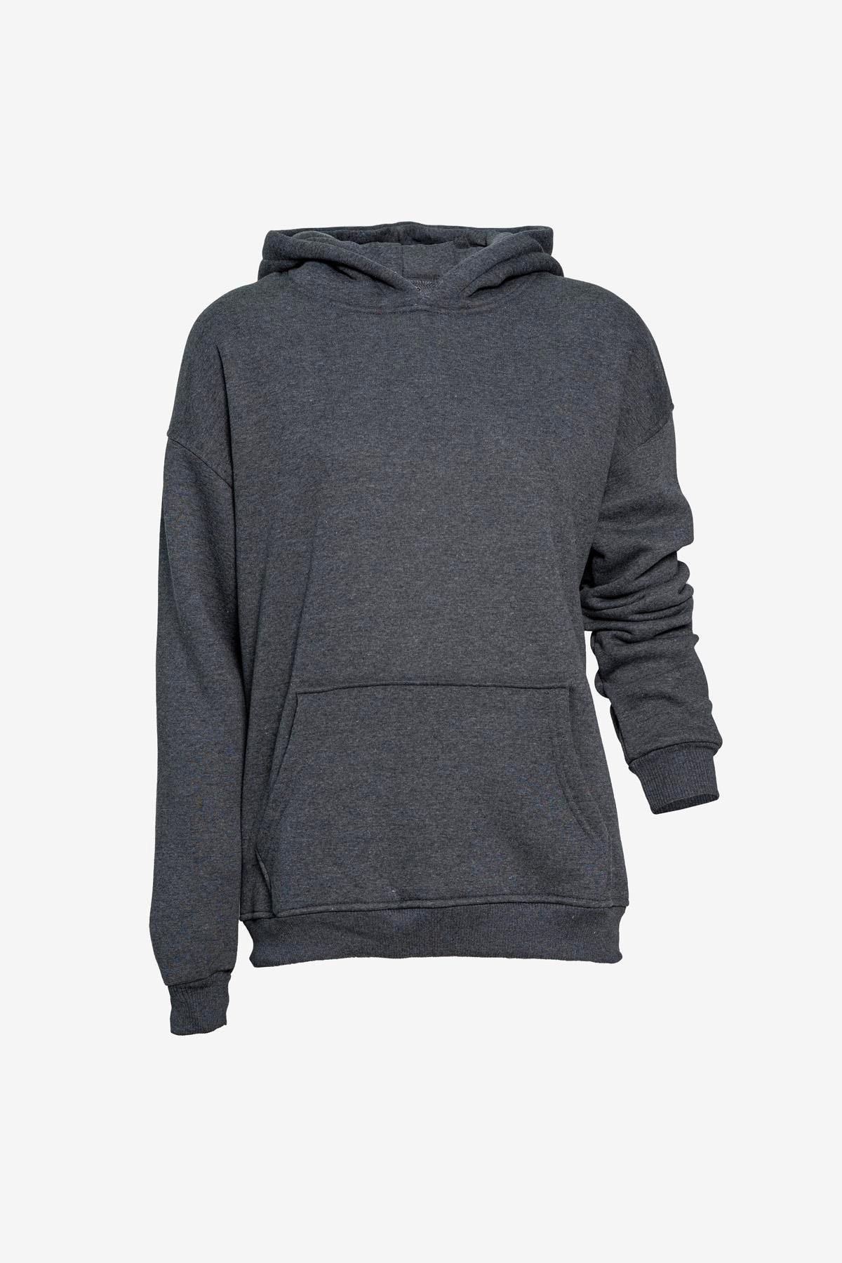 Unisex Kapüşonlu Cep Detaylı Üç İplik Sweatshirt - Antrasit