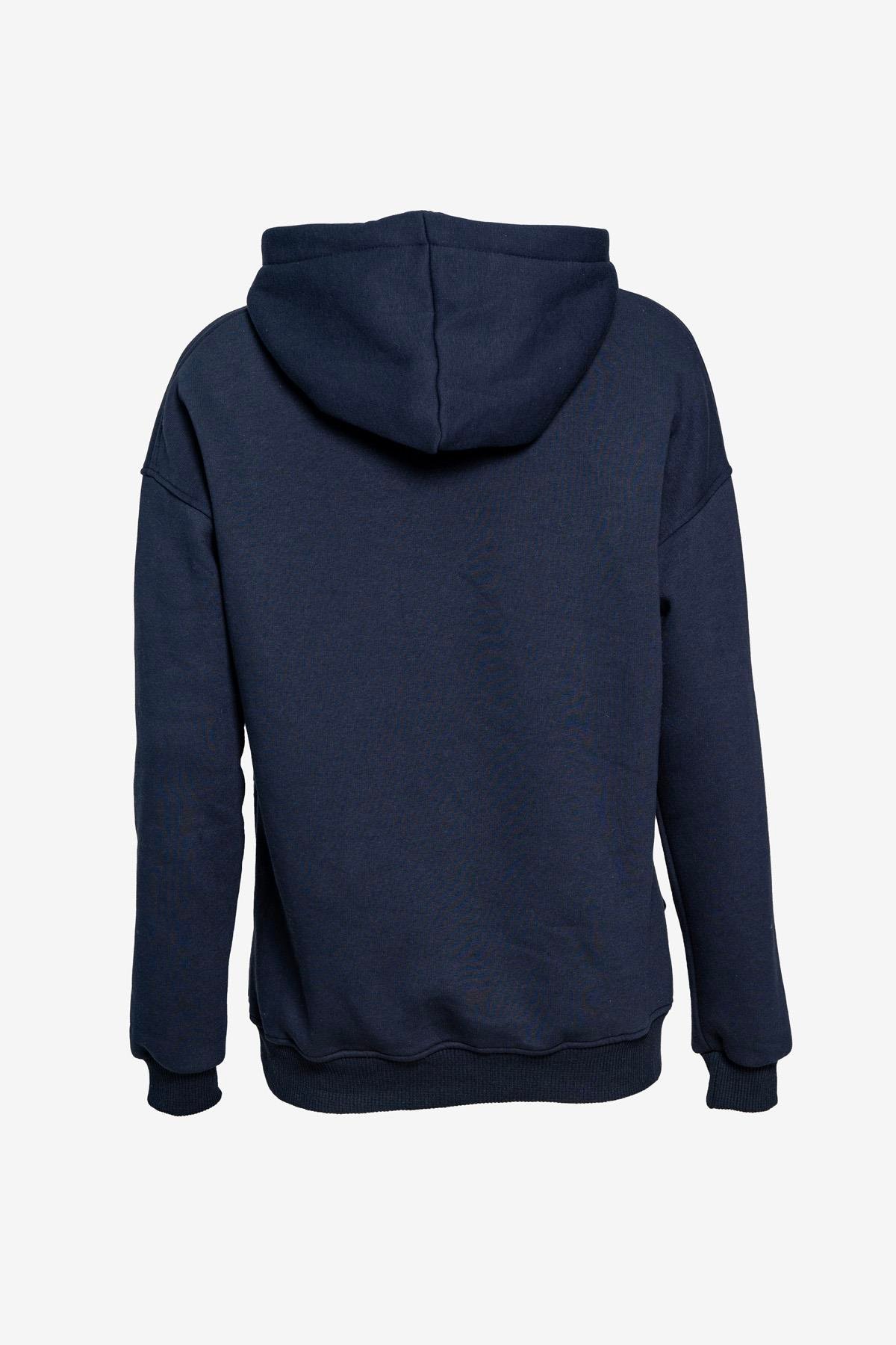  Unisex Kapüşonlu Cep Detaylı Üç İplik Sweatshirt - Lacivert