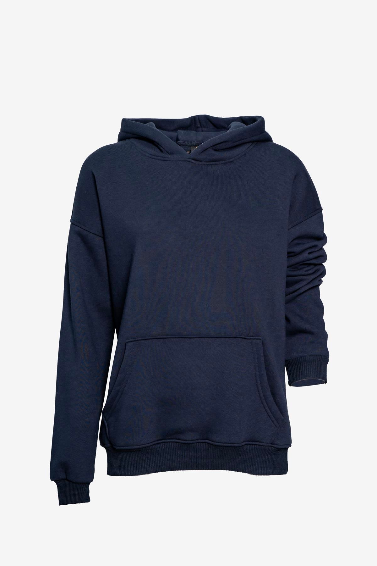  Unisex Kapüşonlu Cep Detaylı Üç İplik Sweatshirt - Lacivert