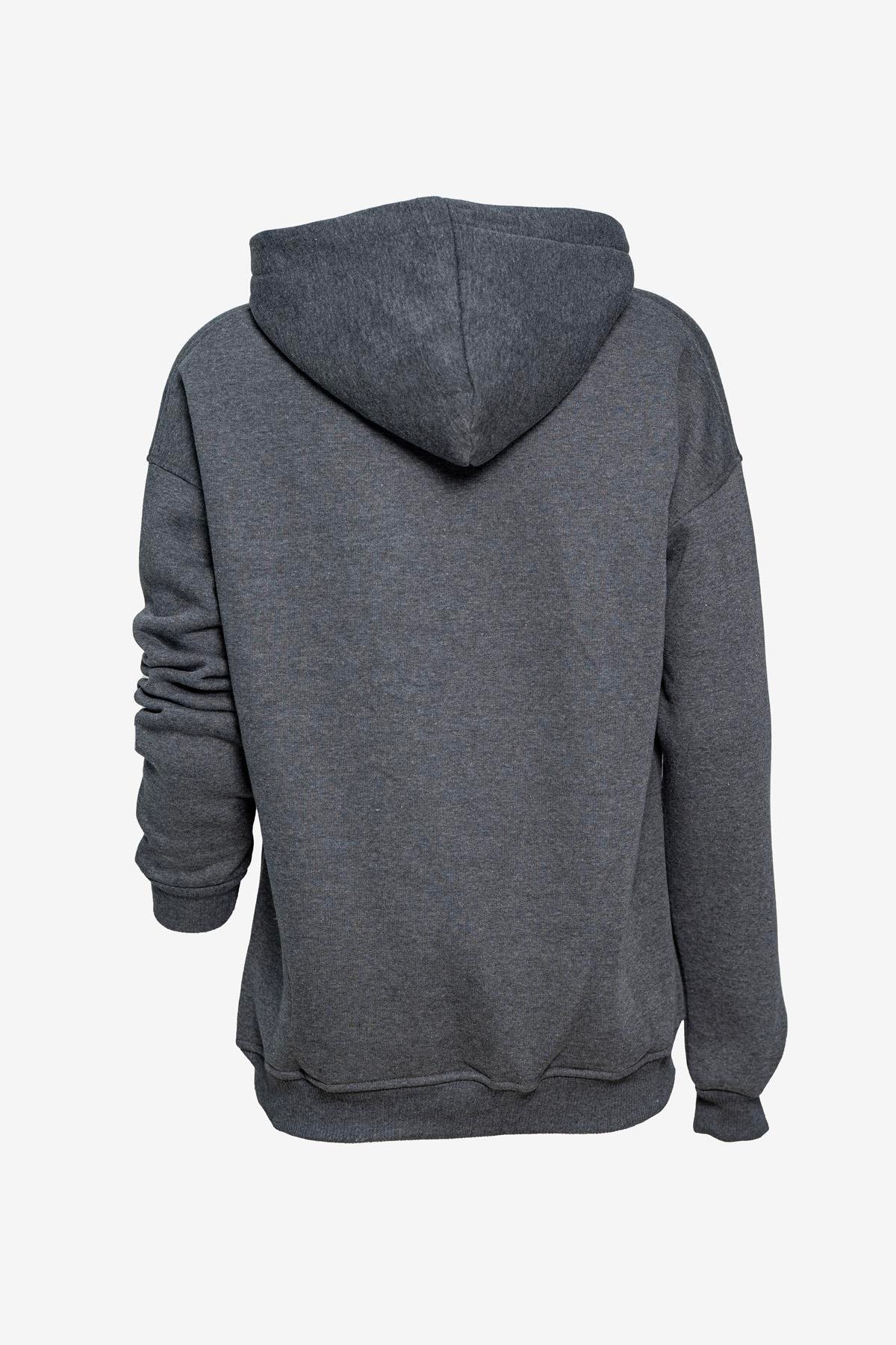  Unisex Kapüşonlu Cep Detaylı Üç İplik Sweatshirt - Antrasit