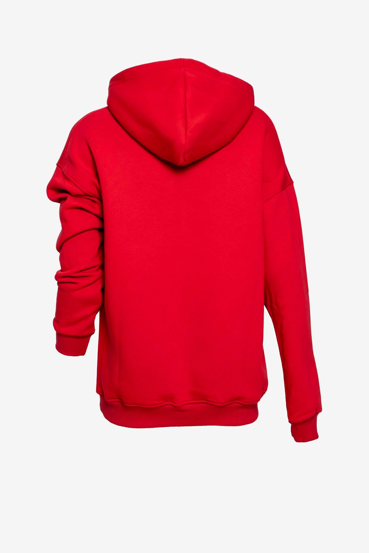  Unisex Kapüşonlu Cep Detaylı Üç İplik Sweatshirt - Kırmızı