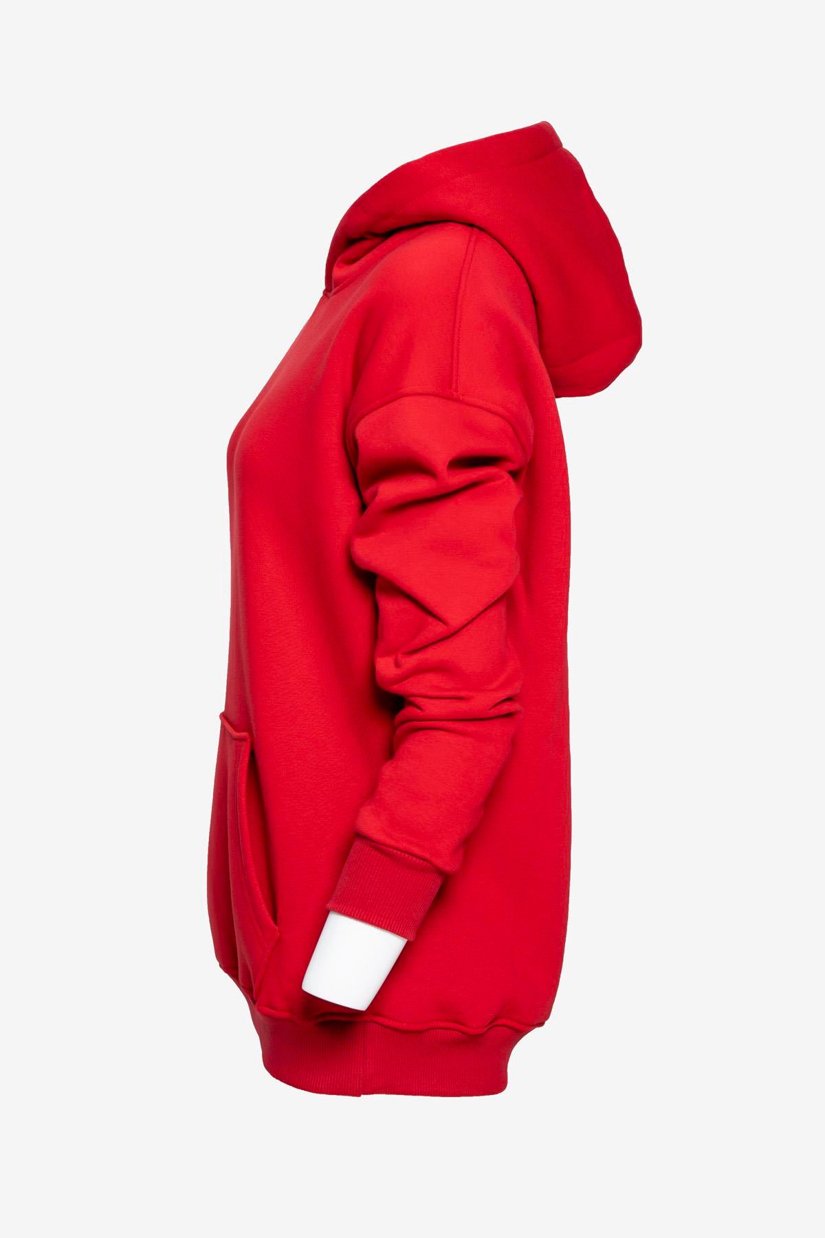  Unisex Kapüşonlu Cep Detaylı Üç İplik Sweatshirt - Kırmızı