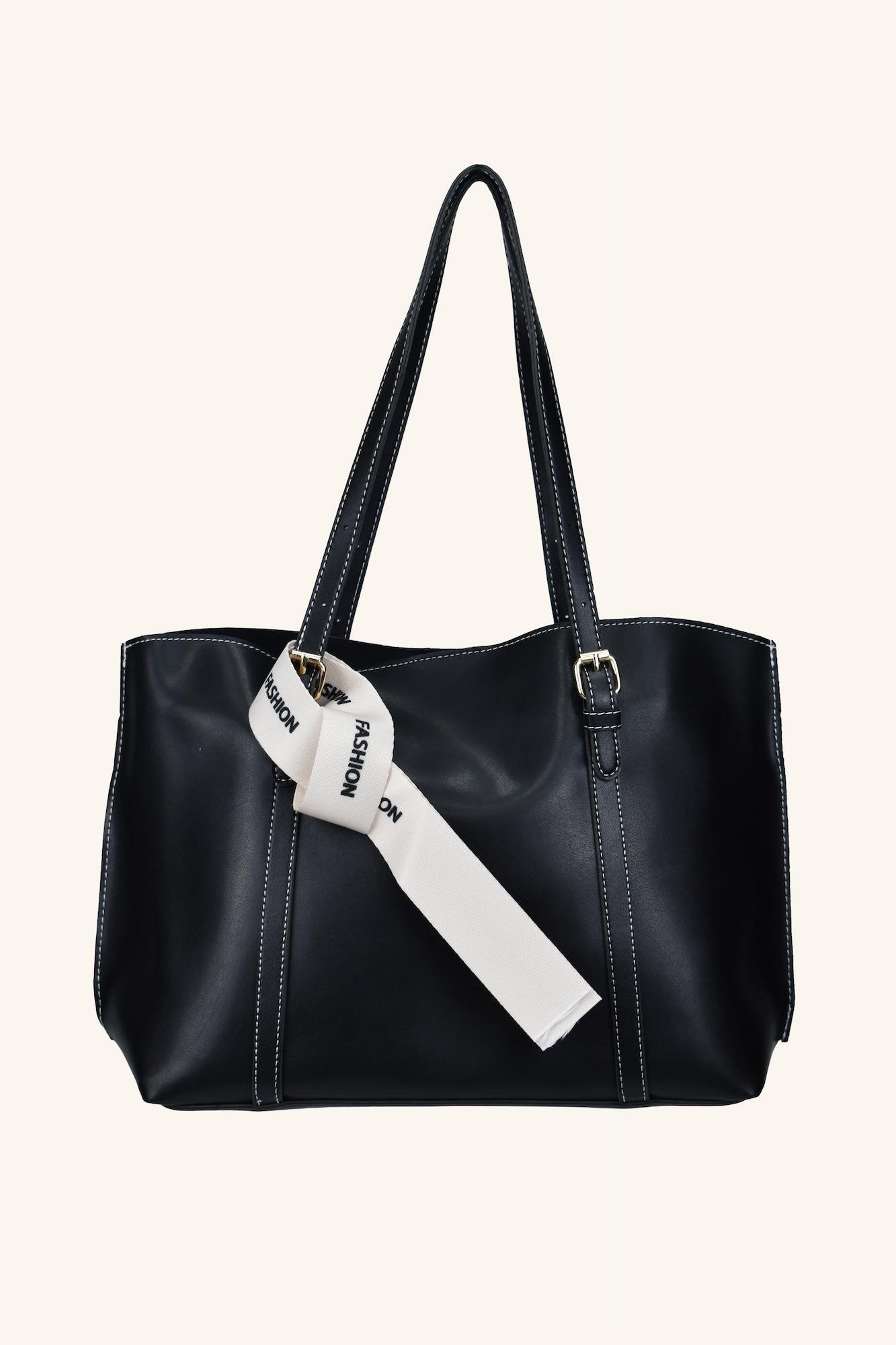 Beyaz Fular Detaylı El ve Omuz Çantası - Siyah