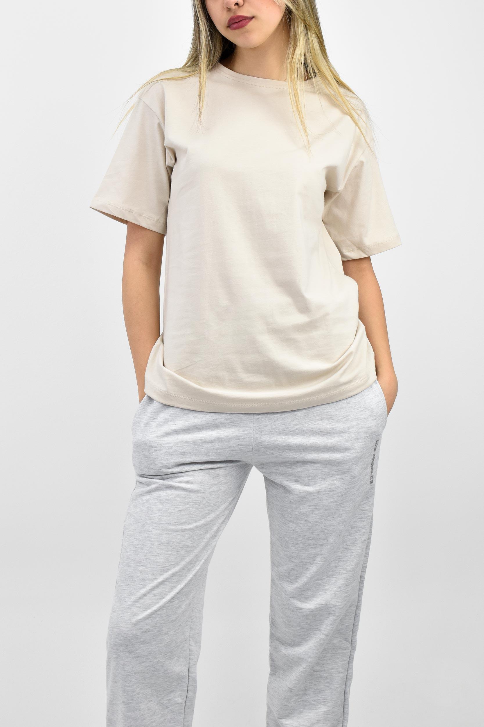 Bisiklet Yaka Oversize Basic Tişört - Bej