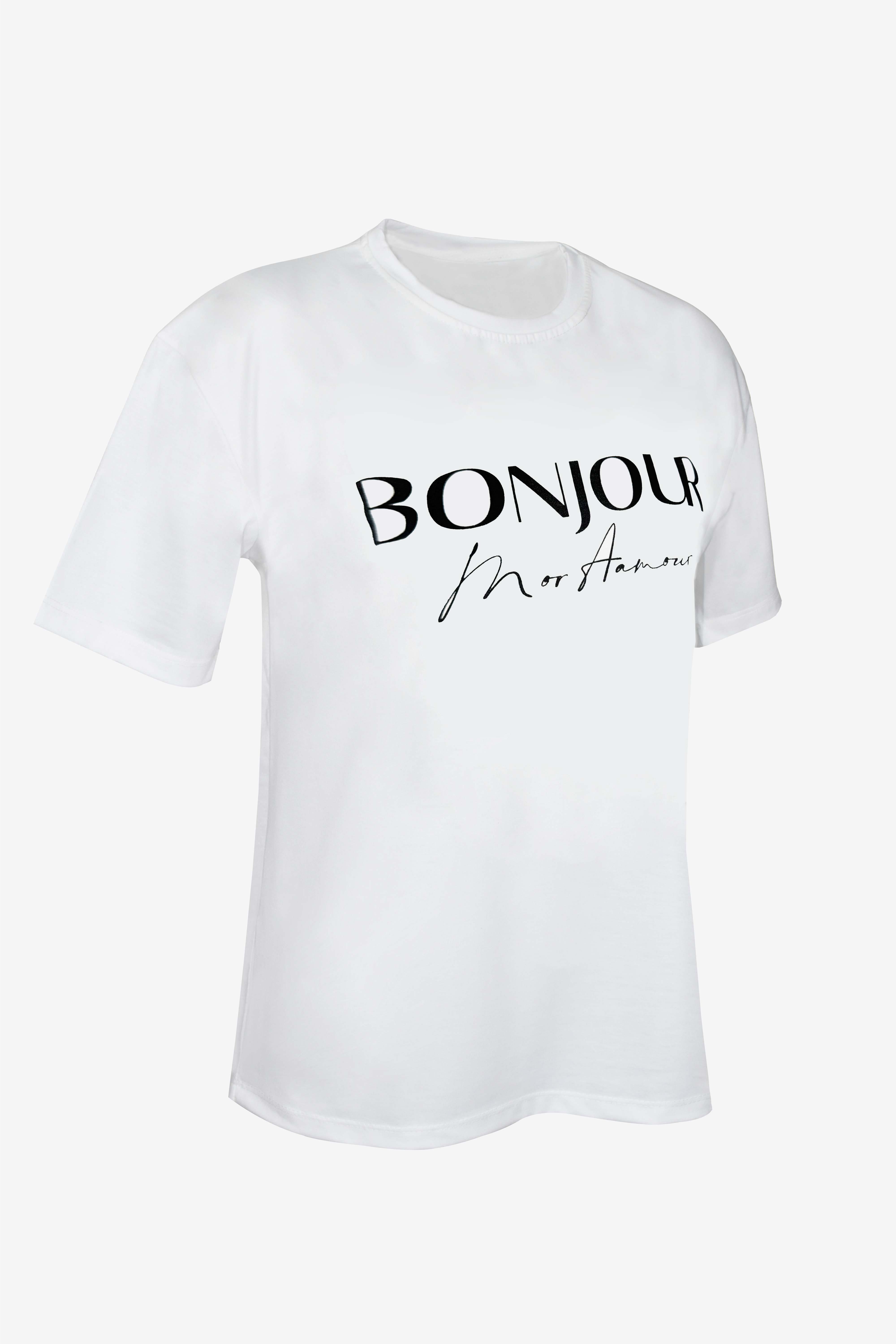 Bonjour Yazılı Baskılı Tişört - Ekru