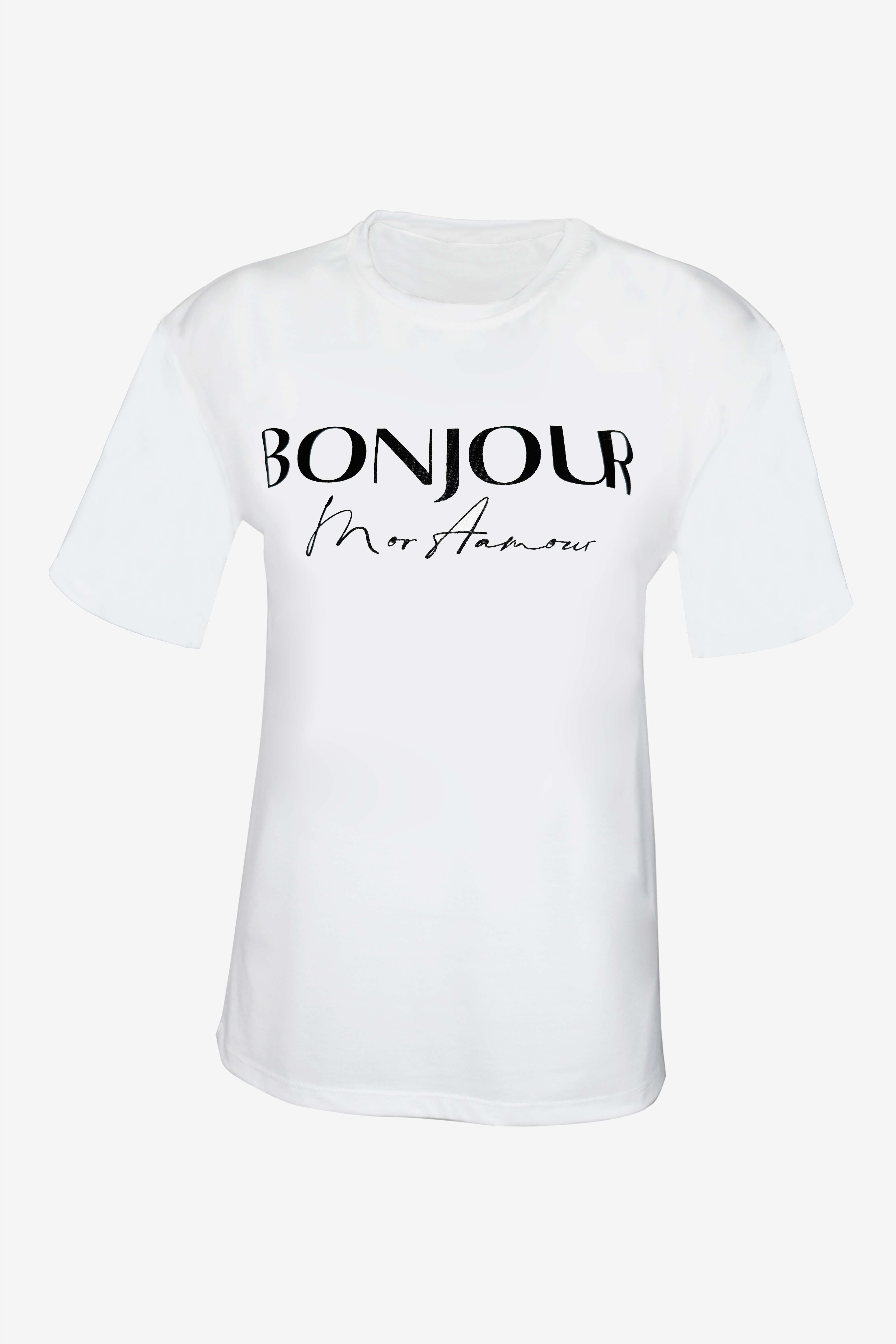 Bonjour Yazılı Baskılı Tişört - Ekru
