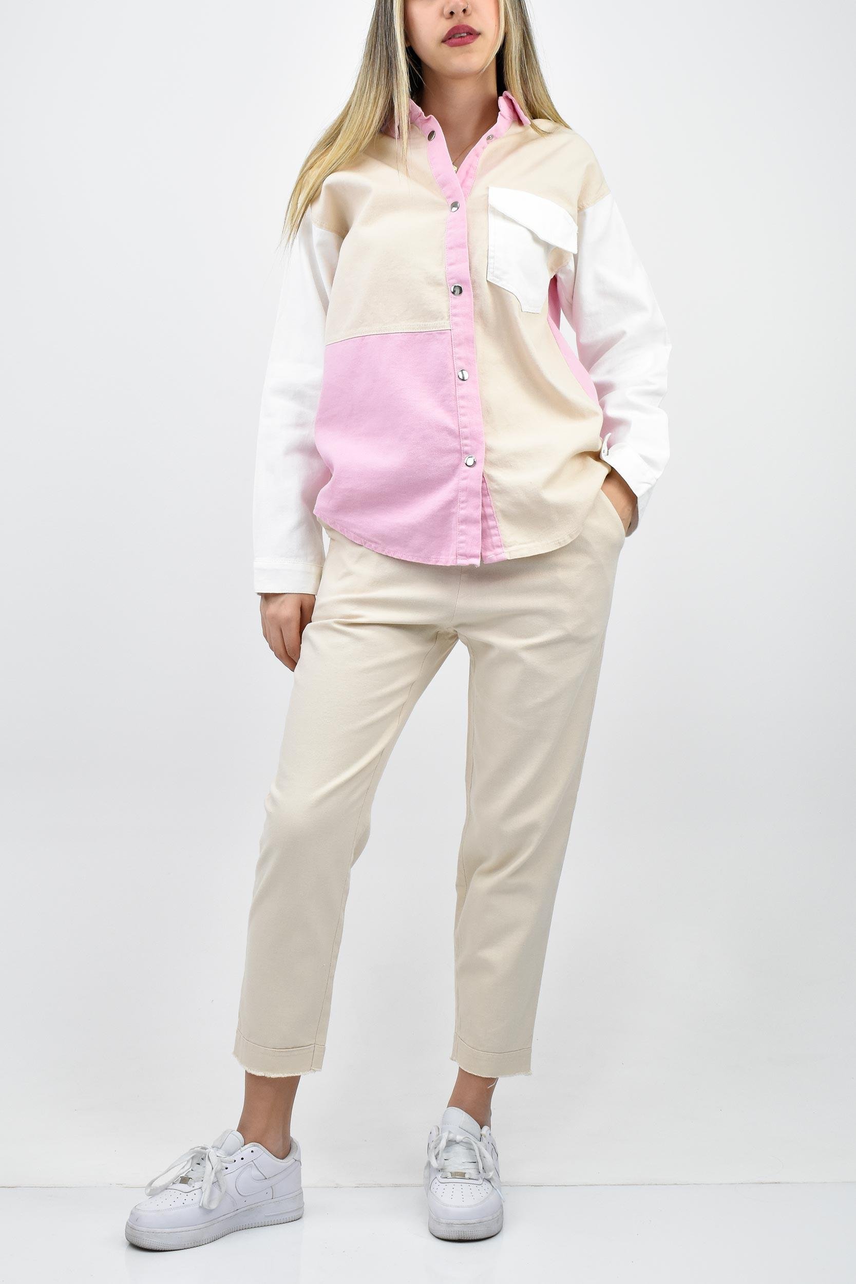 Cep Detaylı Gabardin Gömlek Pantolon Takım Bej-Pembe