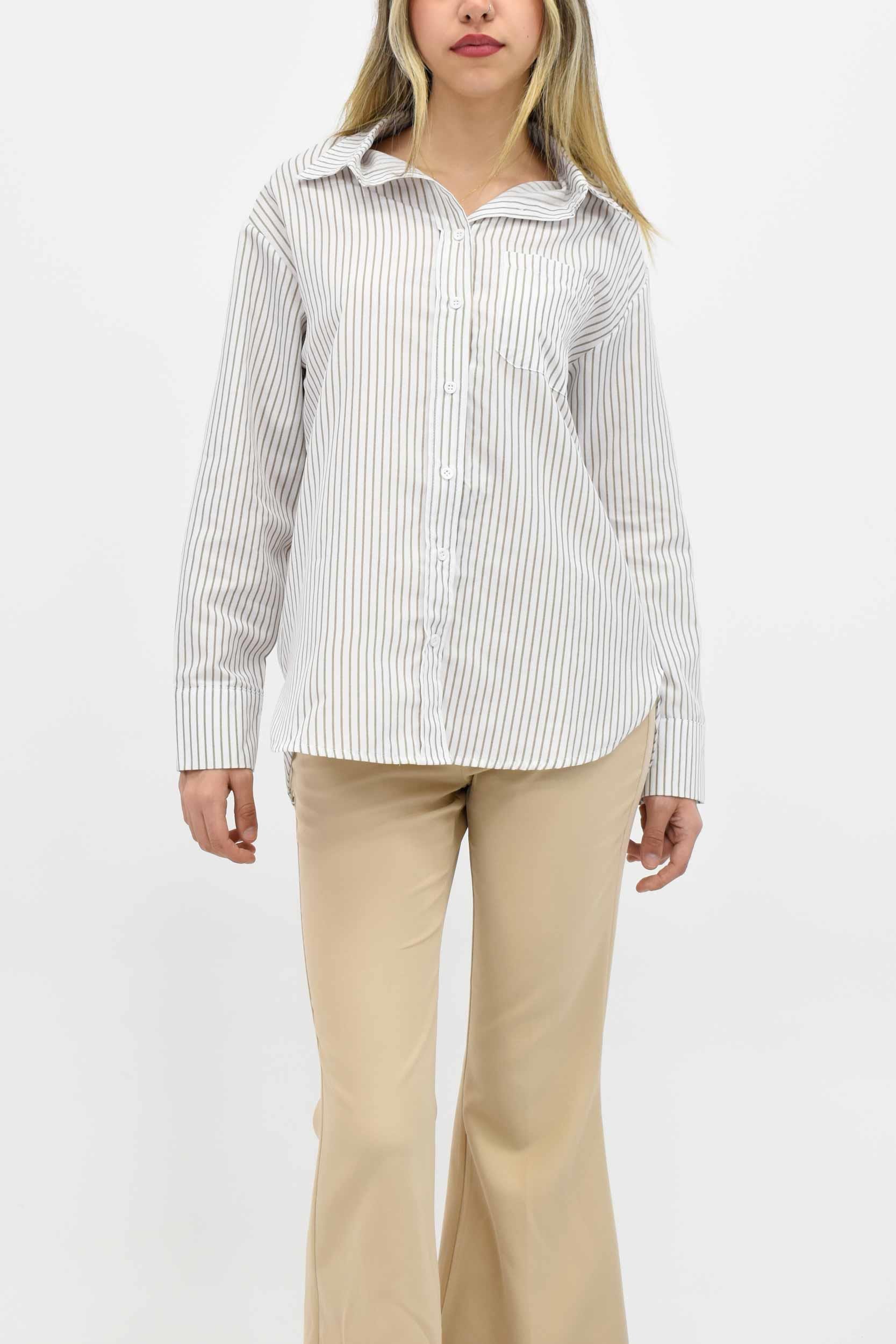 Cepli Çizgili Oversize Gömlek-Taş