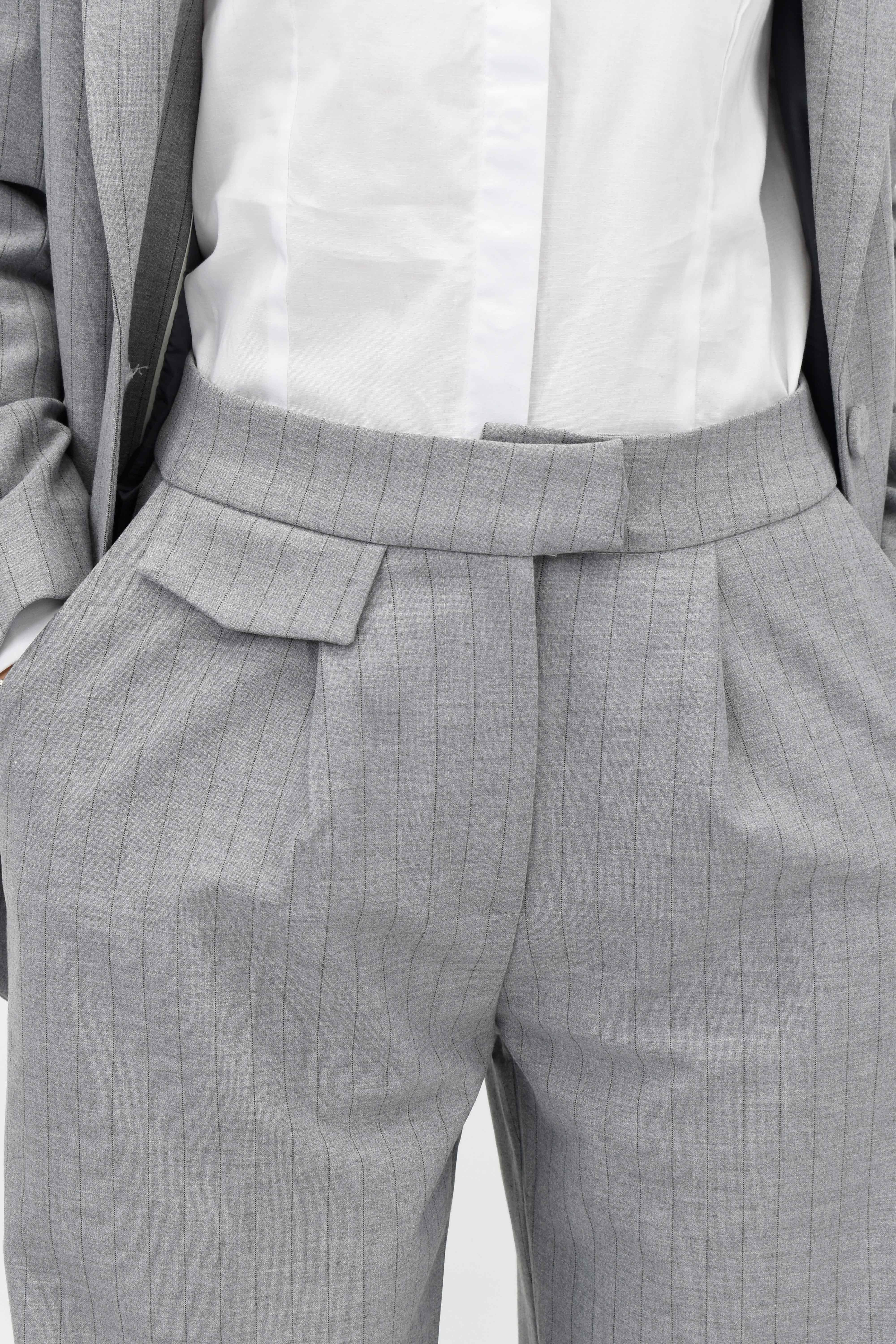 Çizgili Ceket Pantolon İkili Takım- Açık Gri