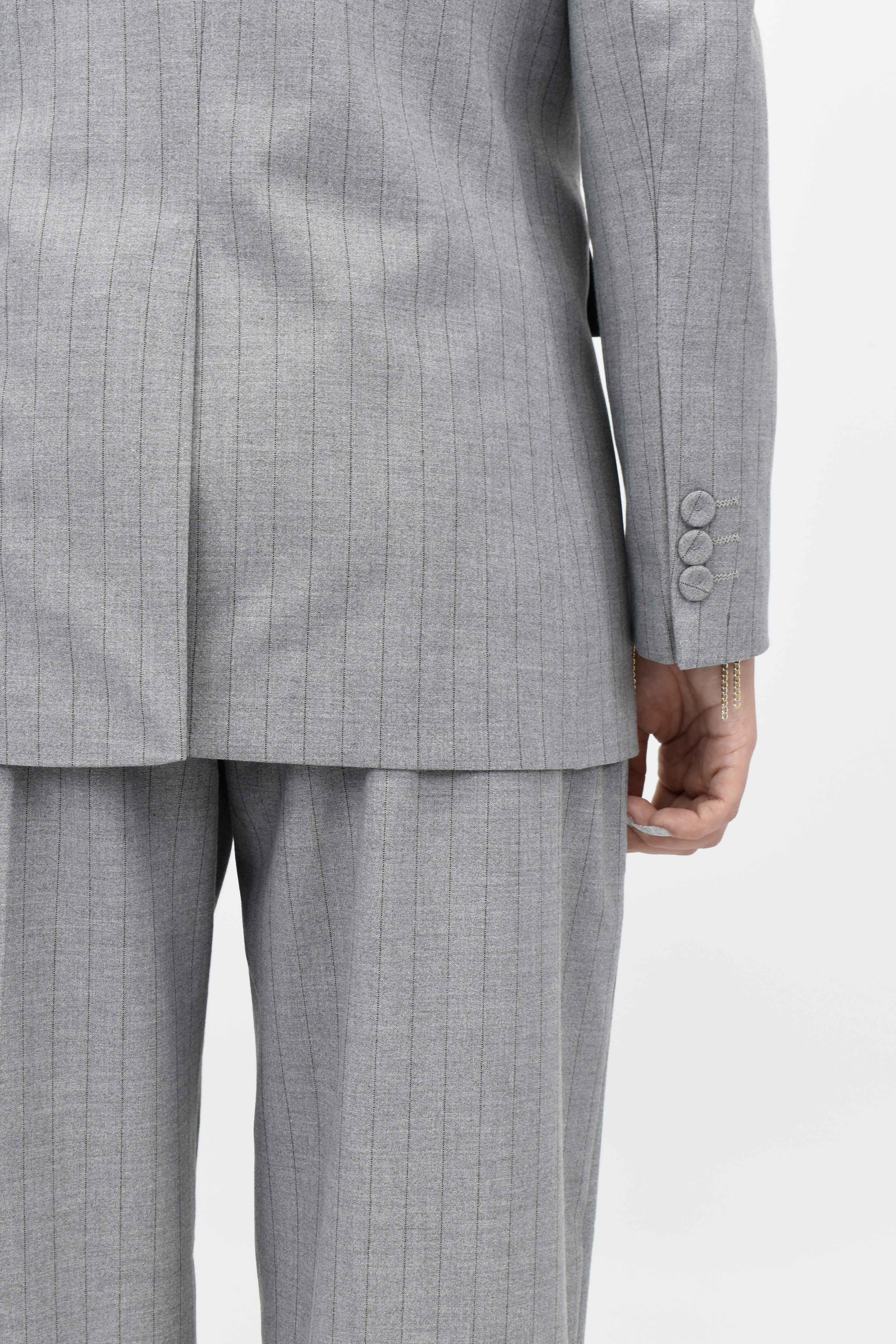 Çizgili Ceket Pantolon İkili Takım- Açık Gri