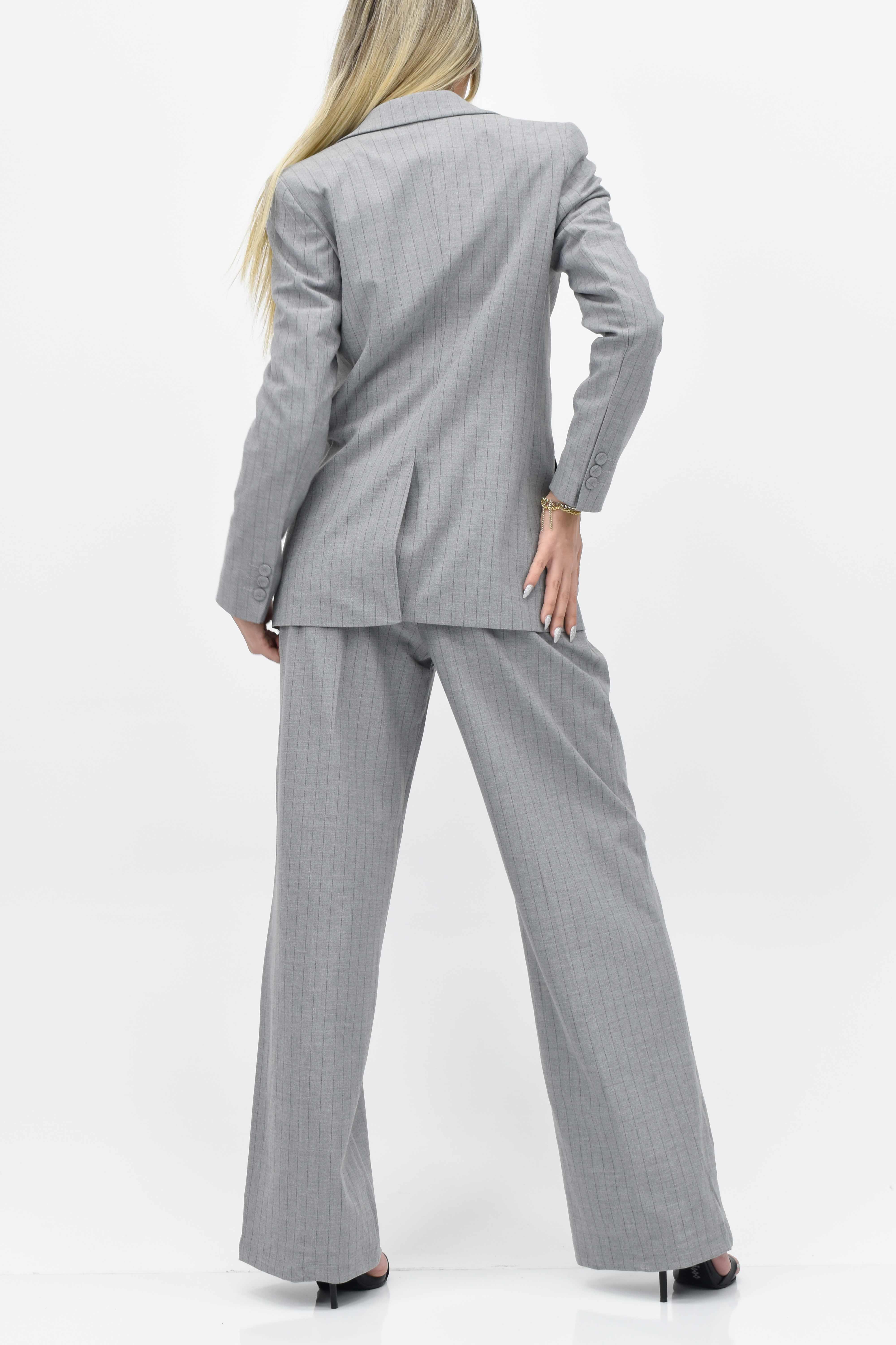 Çizgili Ceket Pantolon İkili Takım- Açık Gri