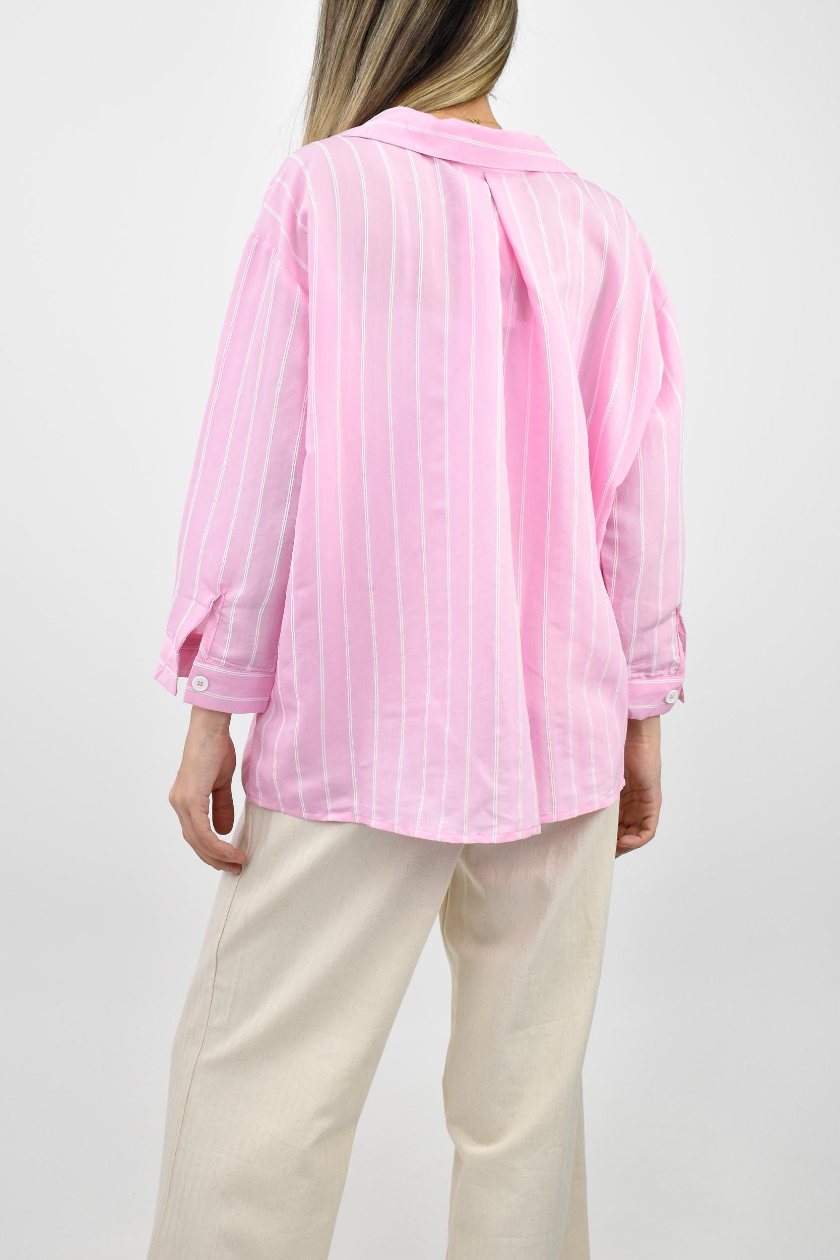 Çizgili Cep Detaylı Oversize Gömlek - Pembe