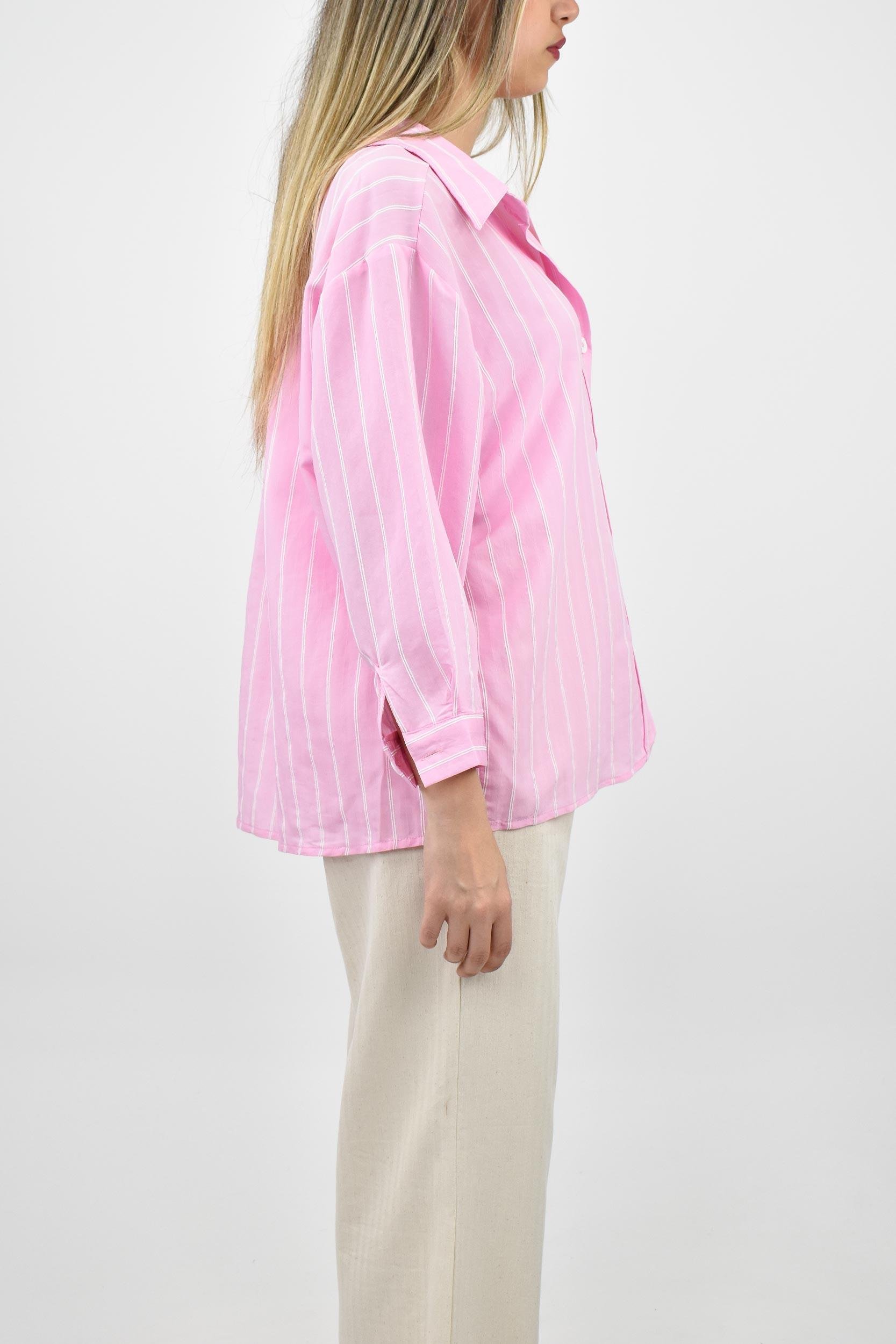 Çizgili Cep Detaylı Oversize Gömlek - Pembe