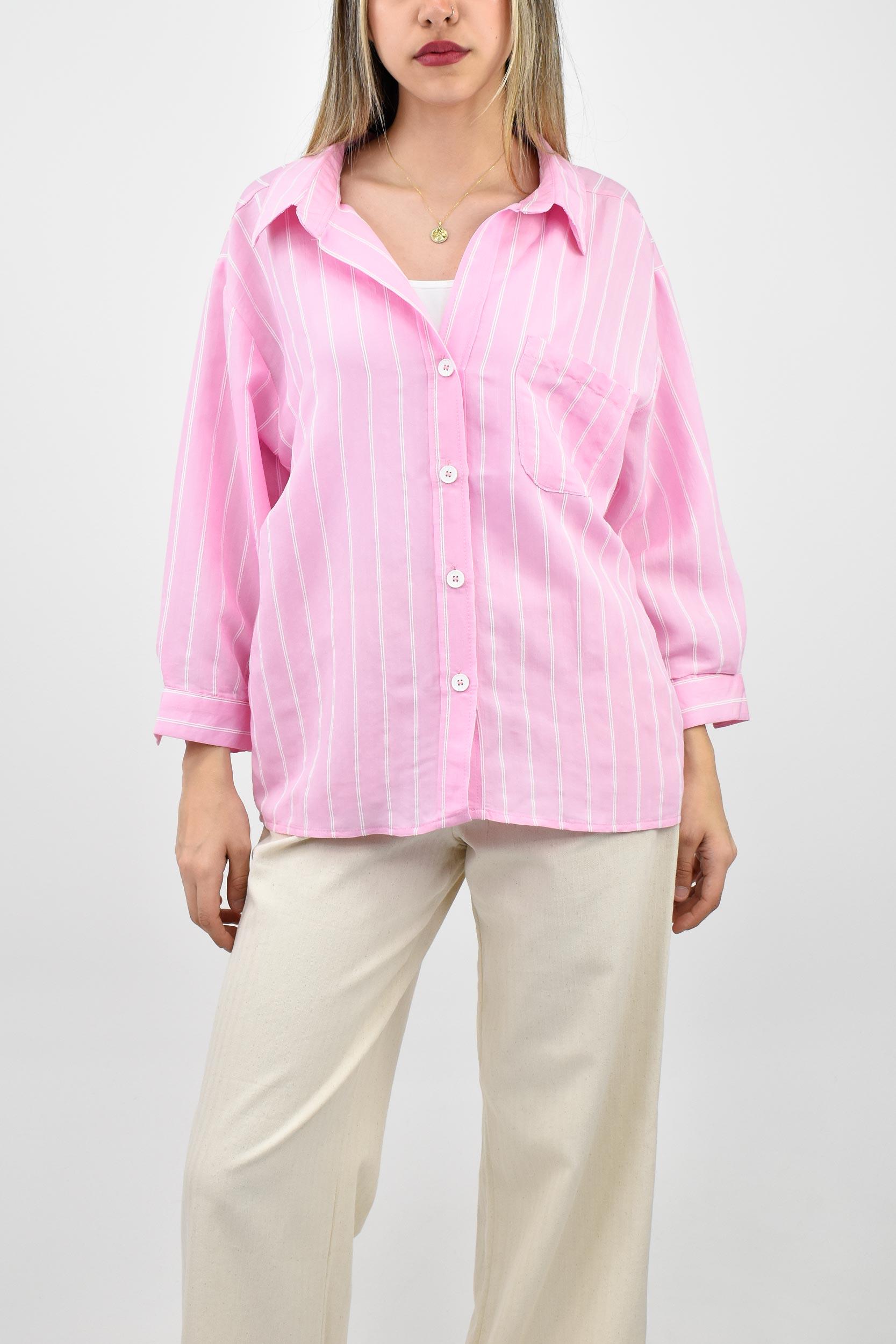 Çizgili Cep Detaylı Oversize Gömlek - Pembe