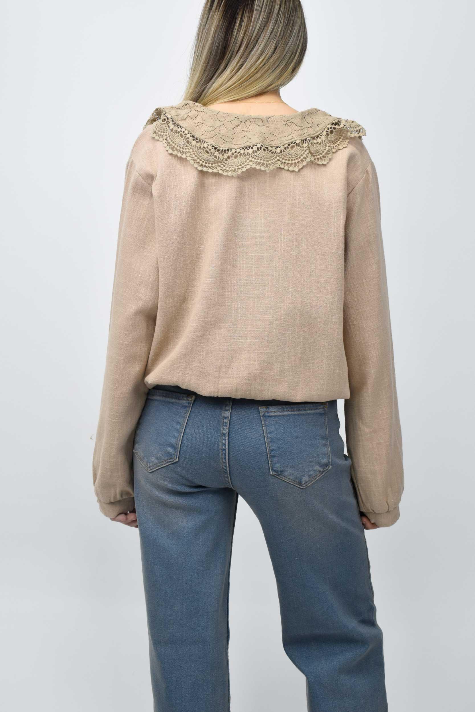 Dantel Yaka Keten Bomber Ceket - Bej