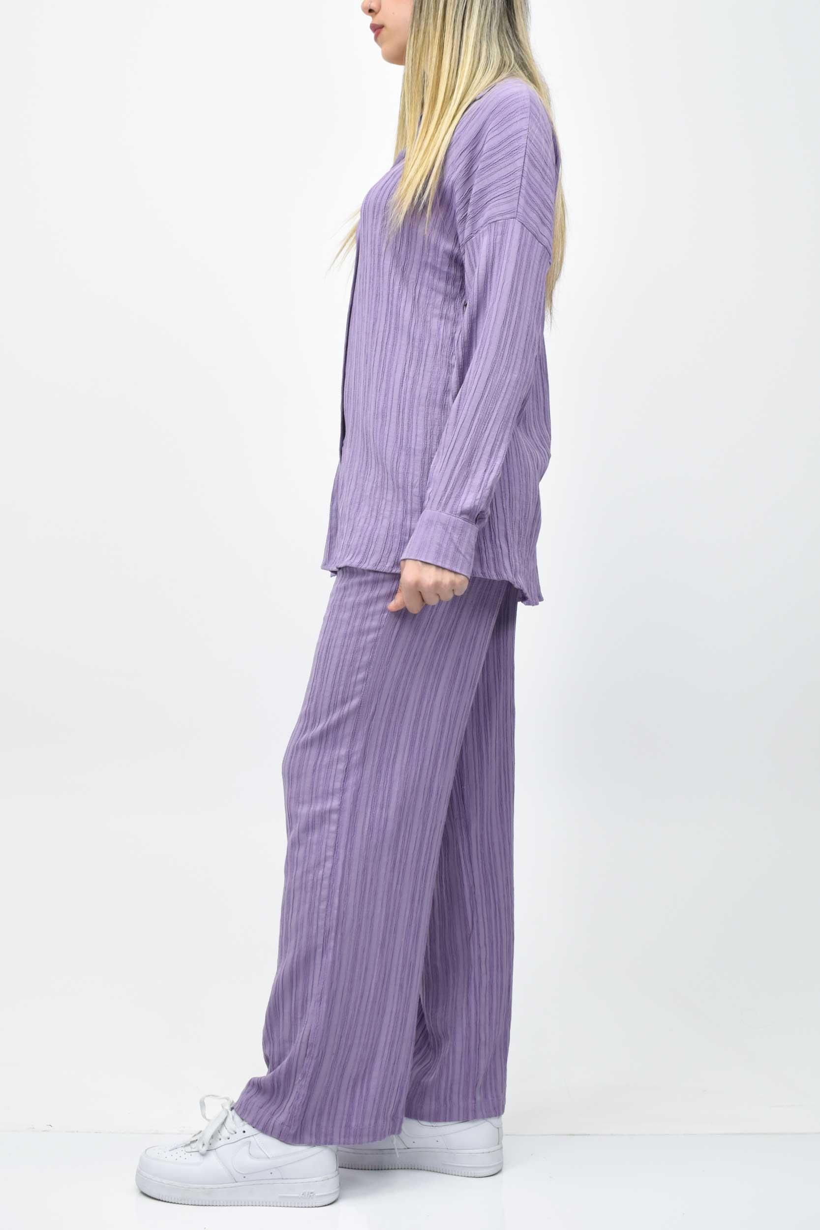 Gofre Yazlık Gömlek-Pantolon Takım - Lila