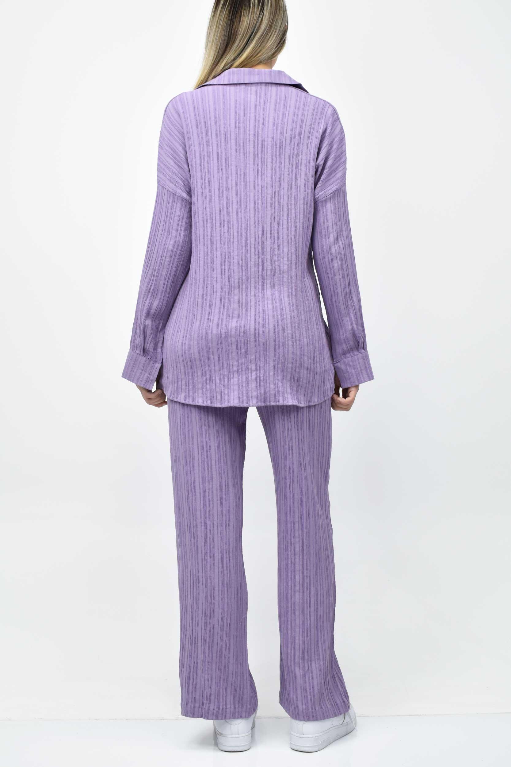 Gofre Yazlık Gömlek-Pantolon Takım - Lila