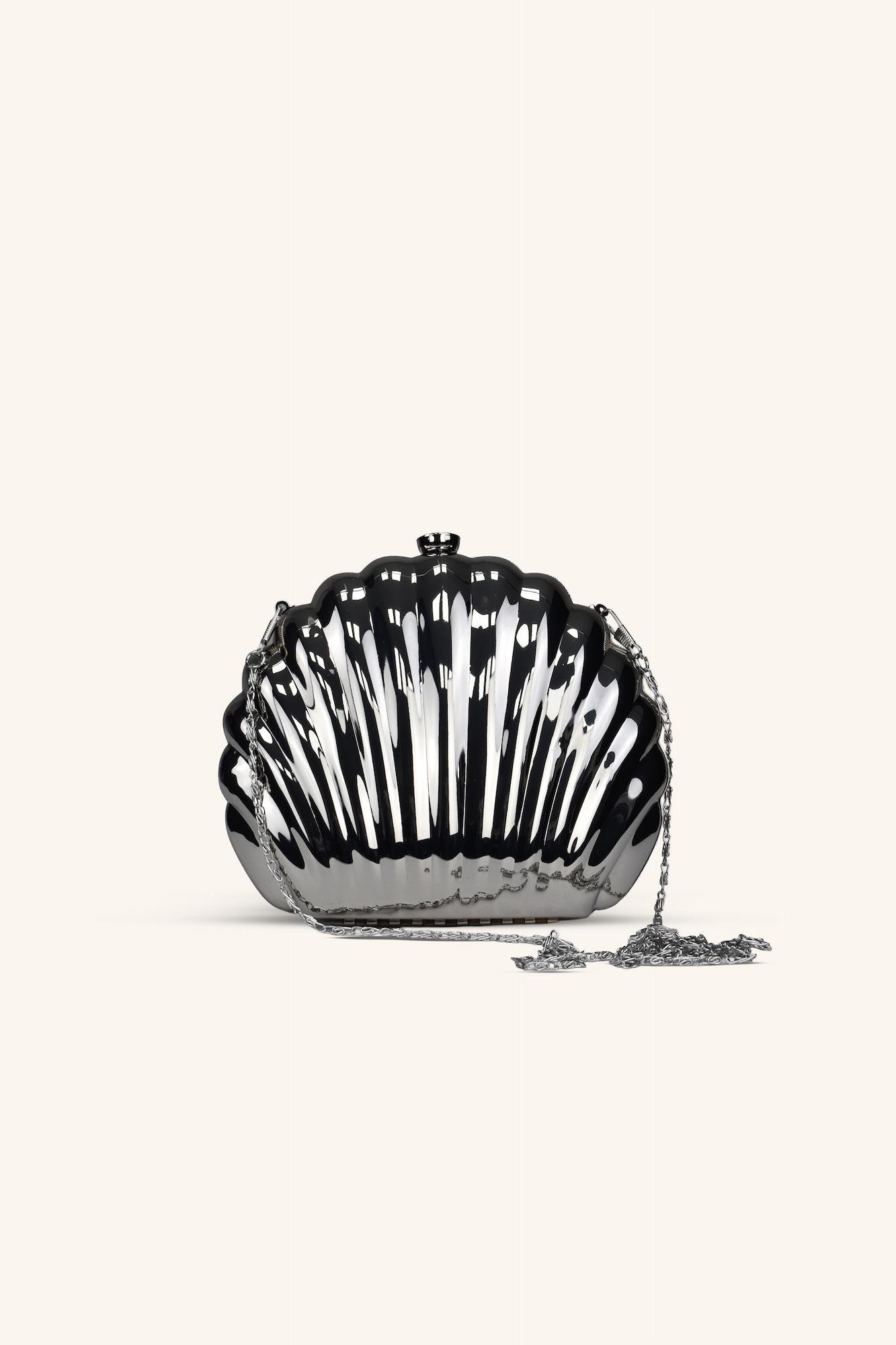 İstiridye Model Parlak Abiye Çanta - Gümüş