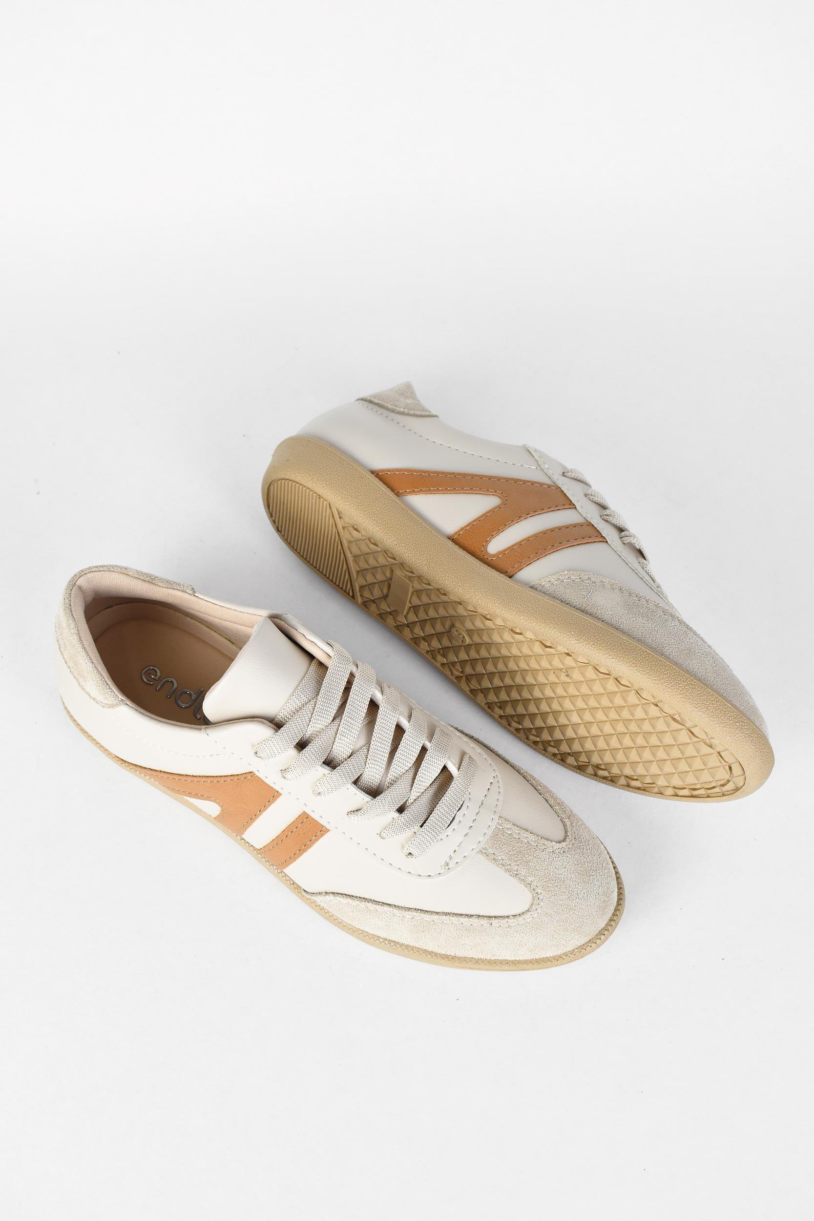 Kadın Bağcıklı Düz Taban Sneaker Spor Ayakkabı - Bej