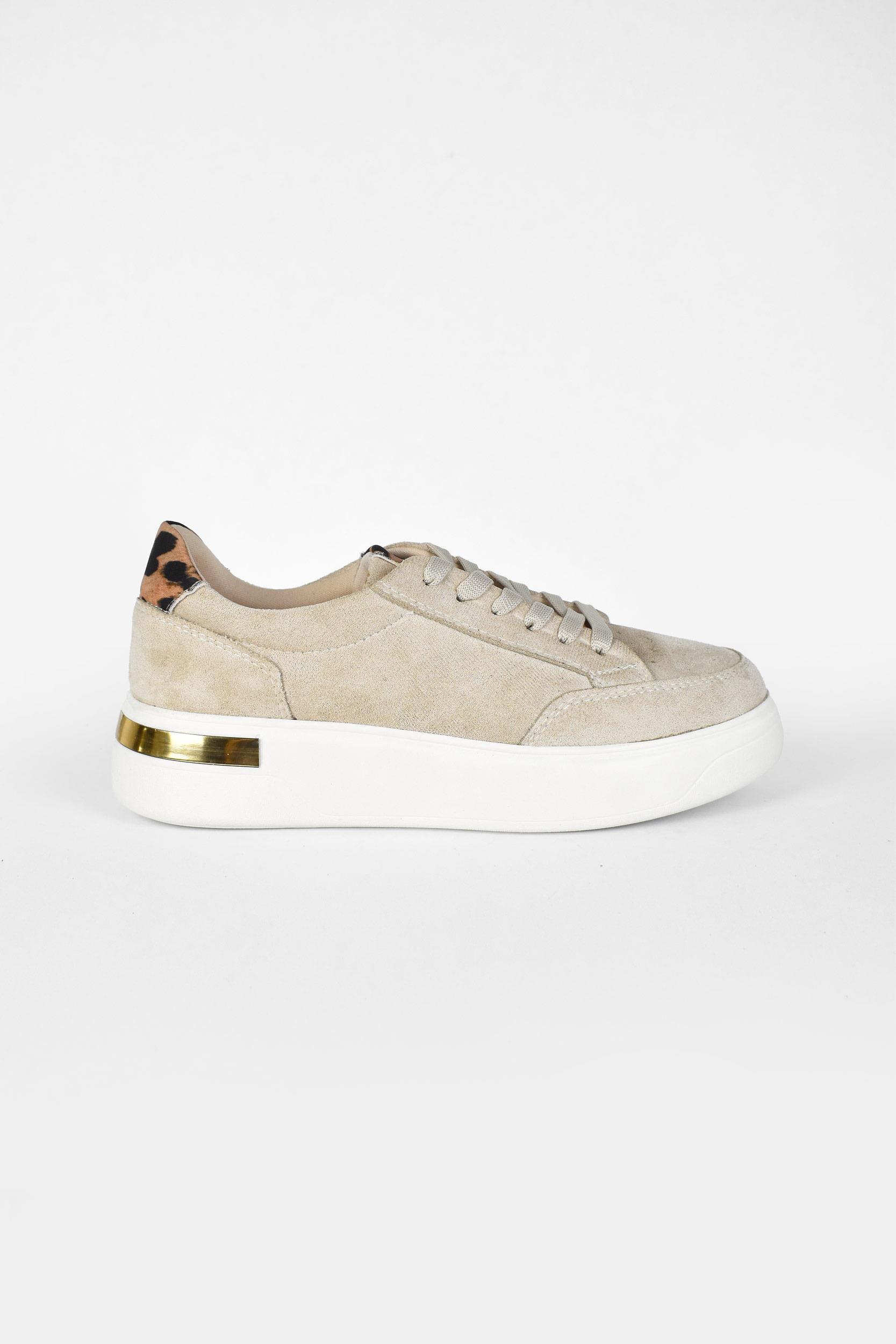 Kadın Bağcıklı Leopar ve Gold Detaylı Yüksek Taban Süet Sneaker Ayakkabı -Bej