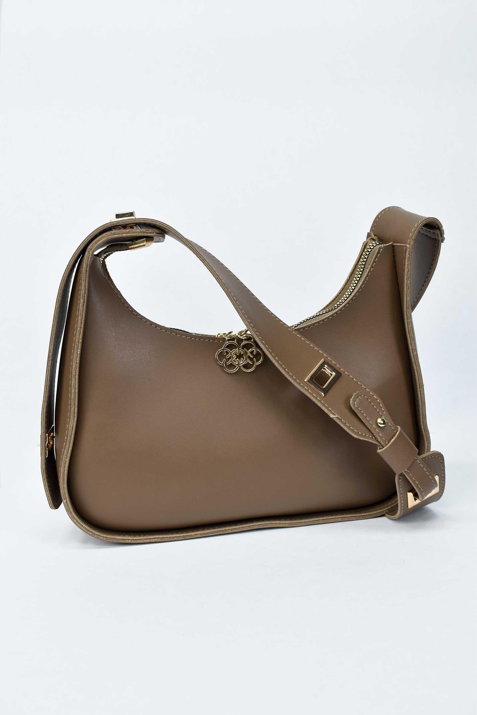 Kadın Deri Çiçek Fermuar Detaylı El ve Omuz Çantası - Kahve