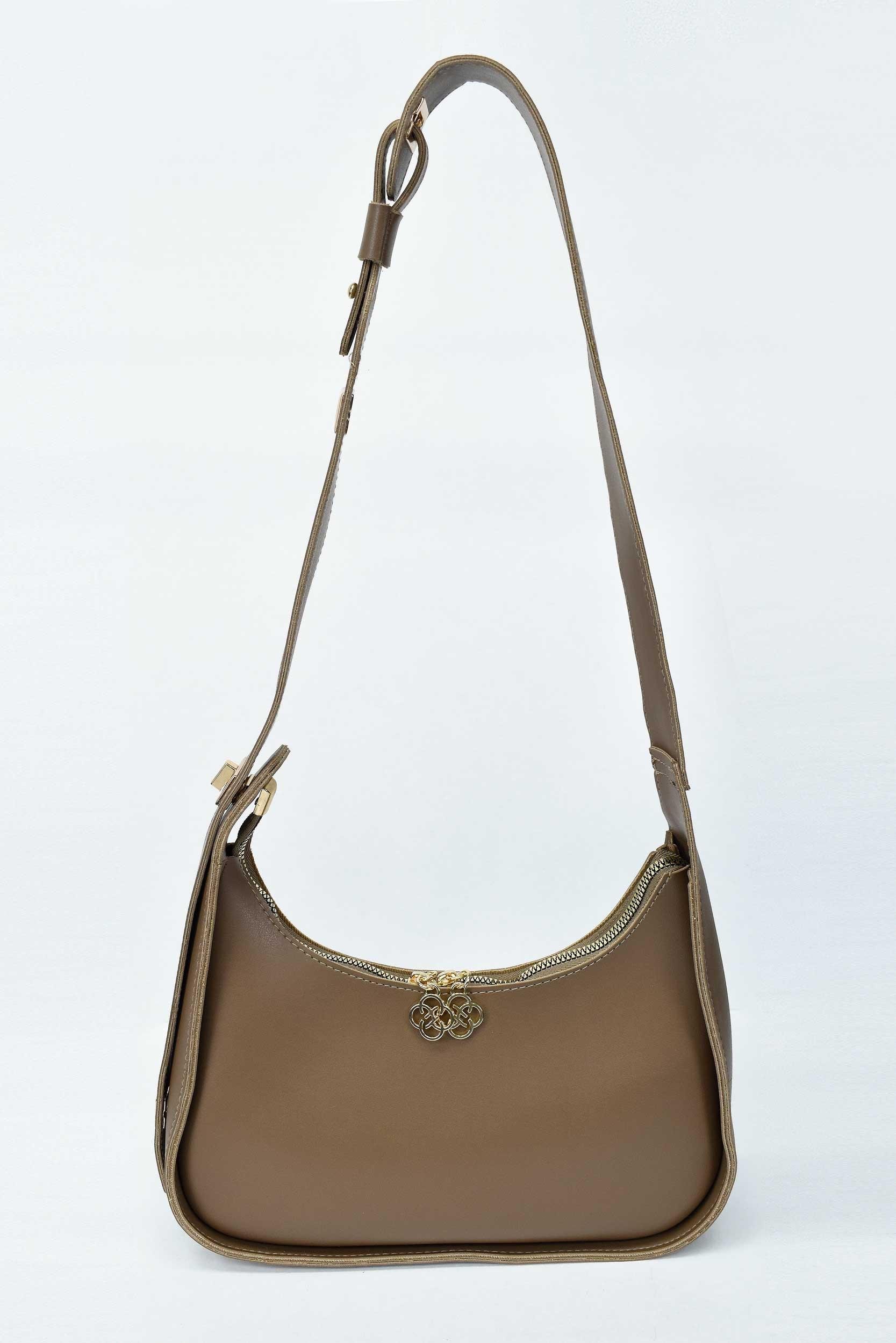 Kadın Deri Çiçek Fermuar Detaylı El ve Omuz Çantası - Kahve