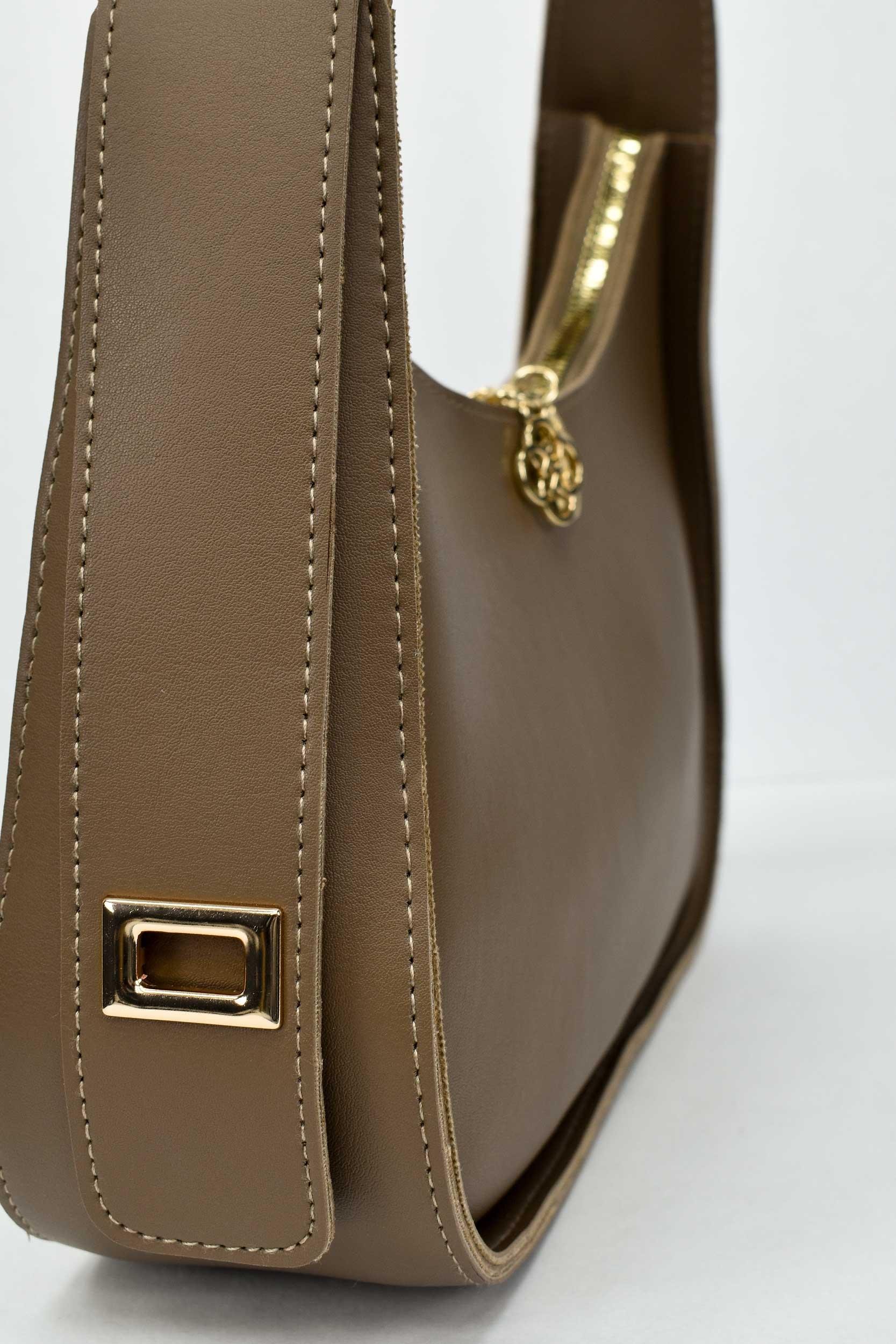 Kadın Deri Çiçek Fermuar Detaylı El ve Omuz Çantası - Kahve